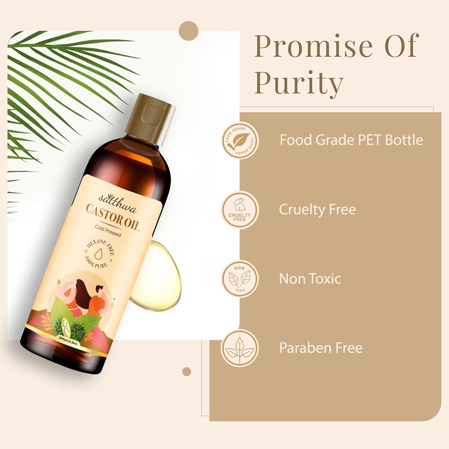 Satthwa Cold Pressed Castor Oil (Arandi Ka Tel) for Moisturising Skin, Stronger Hair, Nail & Eyelash, Hexane Free, Pure & Virgin Grade for Men and Women - 200Ml image number 5