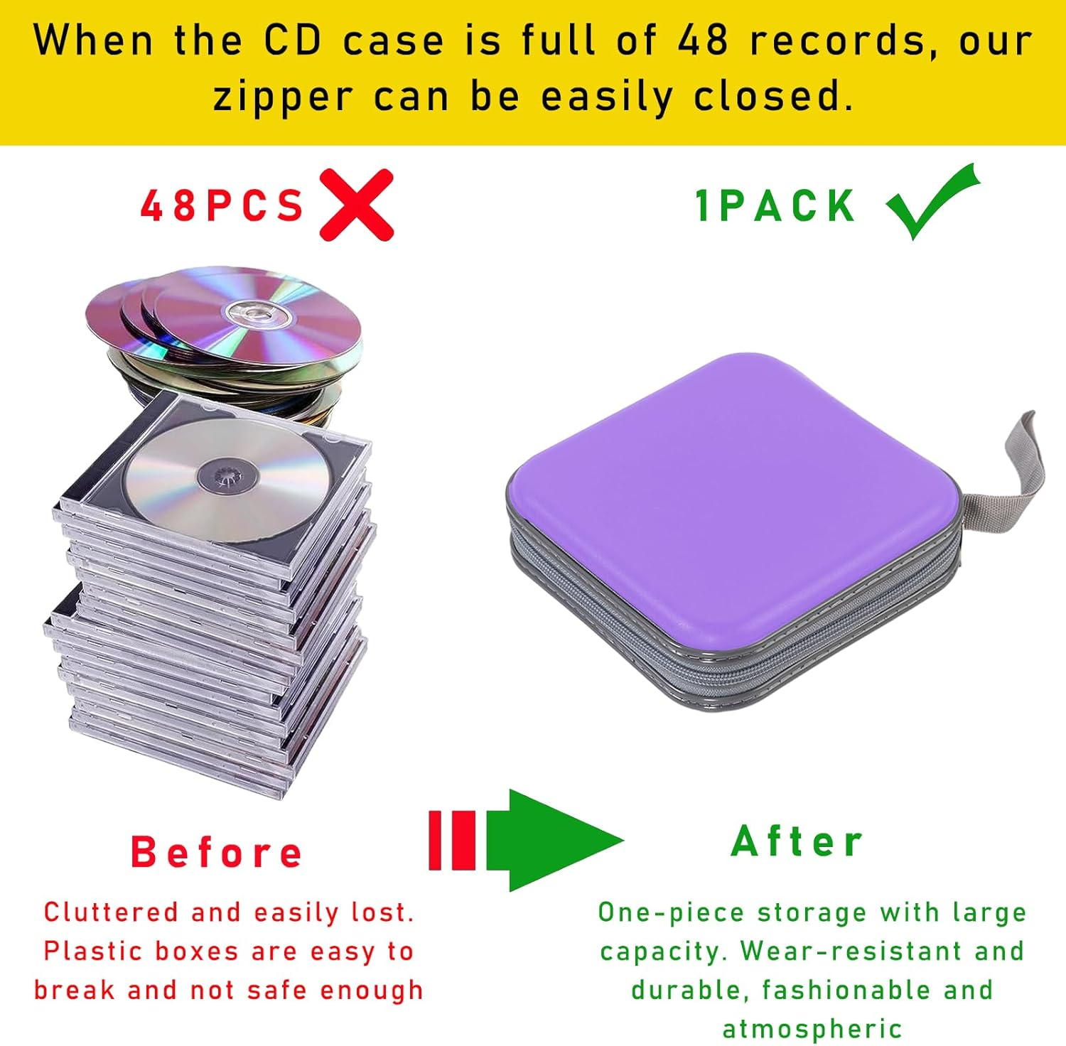 Augeny 48 Capacity CD Case, Portable DVD Hard Plastic Case Holder, Wallet Disc Storage Binder for Car, Home, Travel, Carrying Organizer, Universal Protective DVD Storage Zipper Box (Light Purple) image number 5