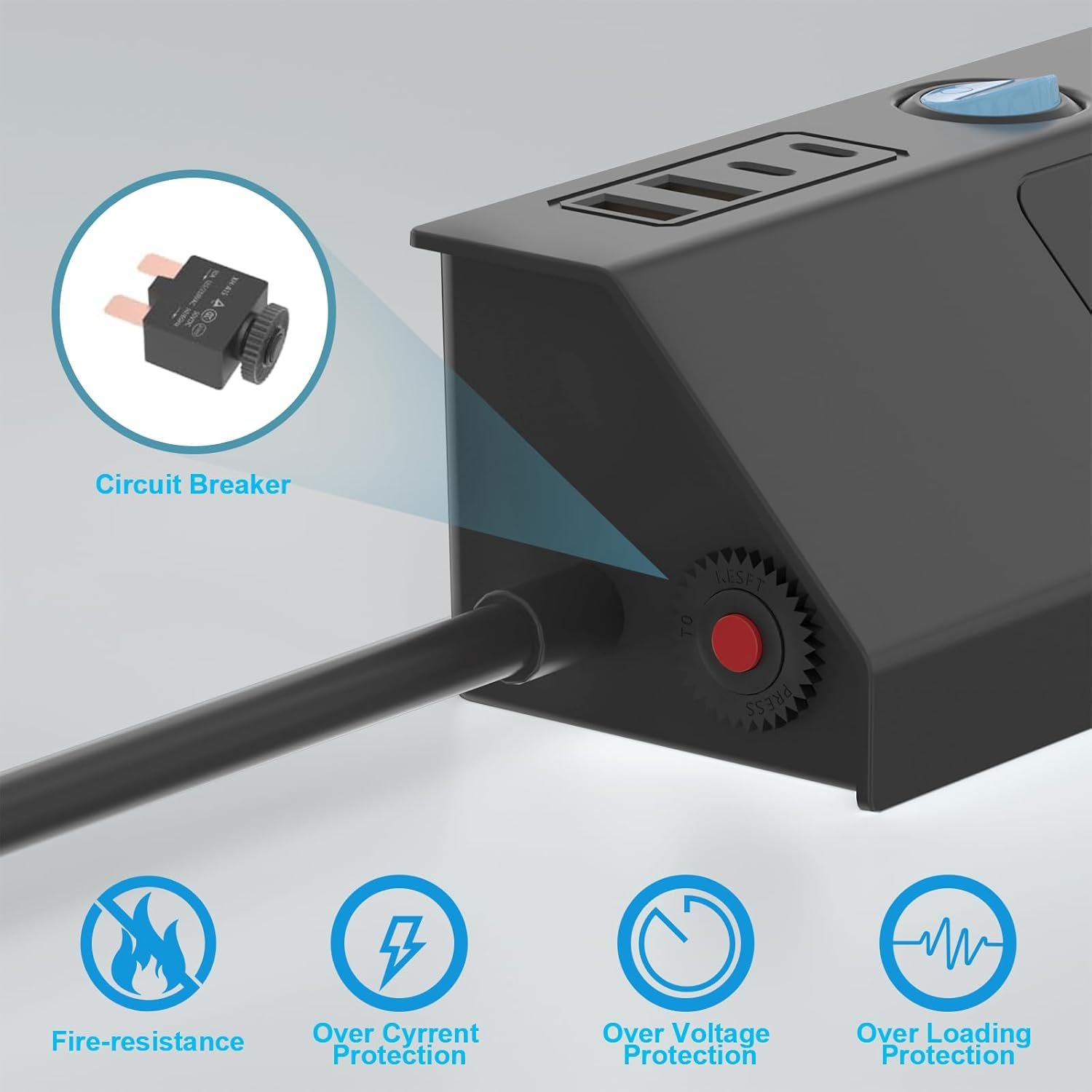 HITRENDS Power Strip with 5 AC Outlets, 1.5M Cable 2 USB a and 2 USB C Surge Protector Power Board with Switch, Ideal for Home and Office Use, Black image number 3