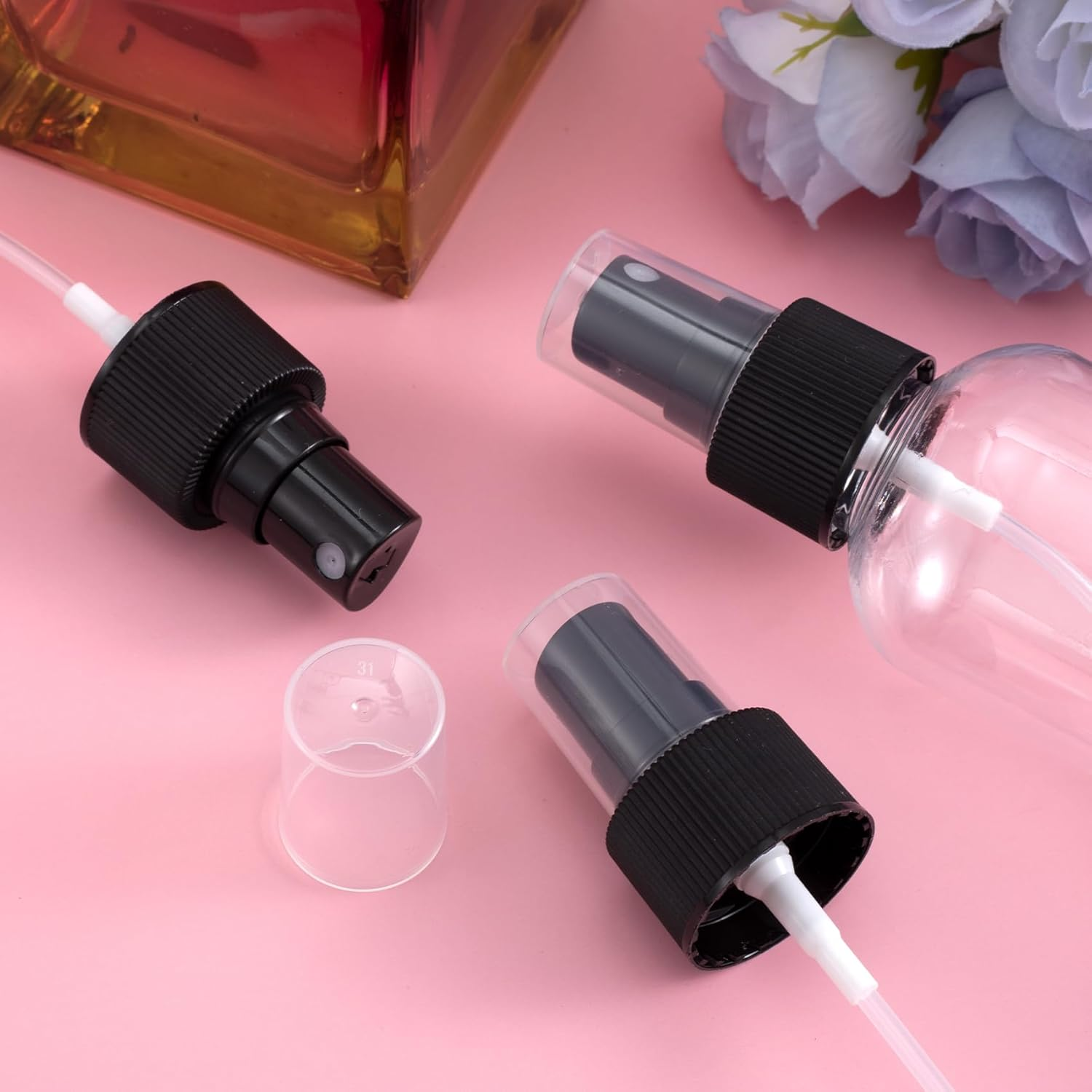 Alpinleux 4 Pcs Spray Bottle Top, Nozzle Sprayer Tops Replacement, Plastic Fine Mist Sprayer Pump for Essential Oil, Cleaning Solutions (24/410 Cap Size, Black) - White image number 7