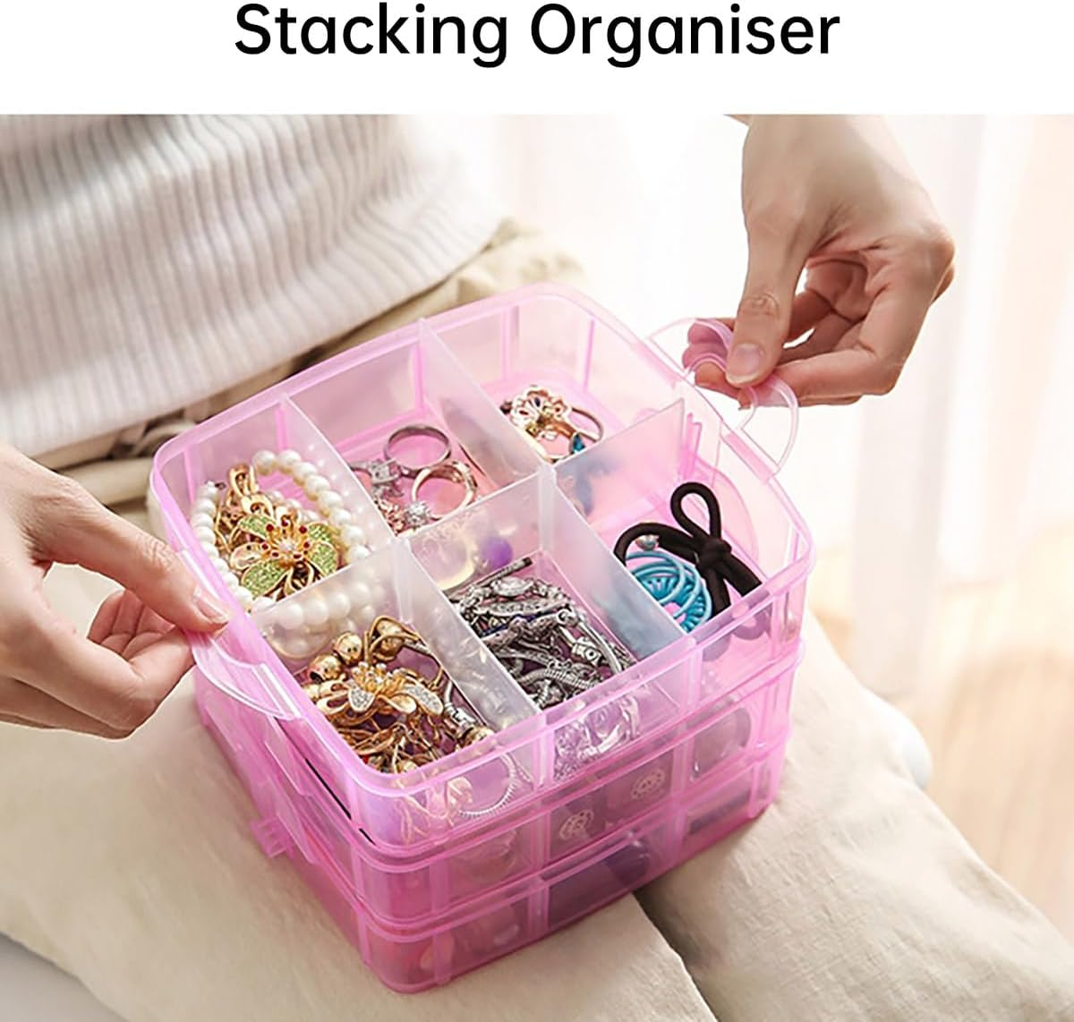 Three-Layer Detachable Transparent Storage Box, 3 Colors, 18 Grids, Plastic Organizer Box for Cosmetics, Jewelry, Craft Supplies, 15X15X12.5Cm - Clear image number 7