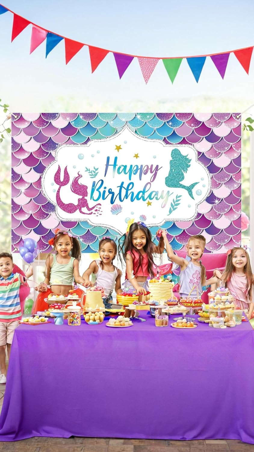 Honwor Mermaid Happy Birthday Backdrop Banner - under the Sea Princess Party Decor, Reusable, Indoor/Outdoor & Car Party Theme, Vibrant Colors, Easy Setup & Cleanup, for Kids & Teens image number 1