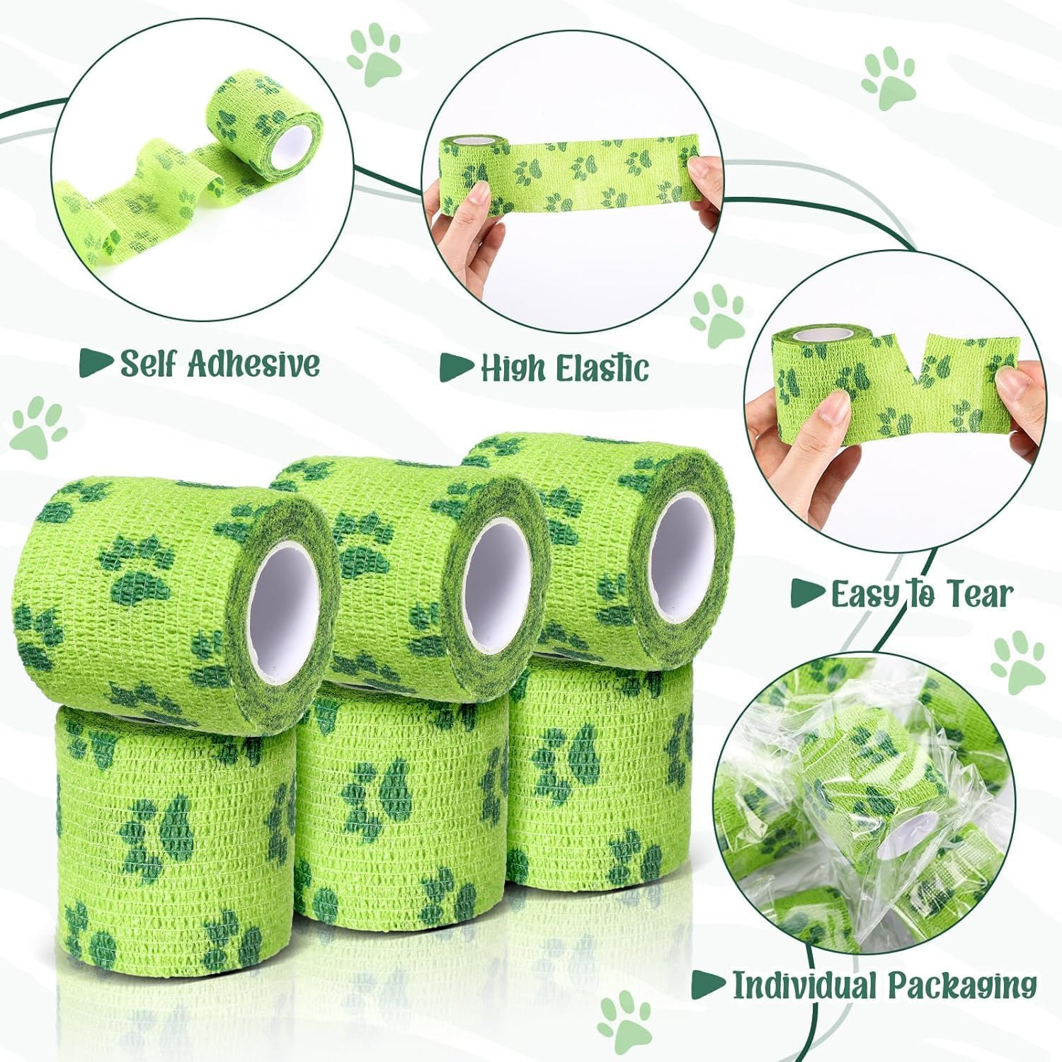 6Rolls No Chew Bandage for Dogs & Cats | Self-Adhesive Bitter Wound Wrap | 7.5Cm X 4.6M Dog Bandages for Wounds & Horse Care (Green Cat Paw) image number 1