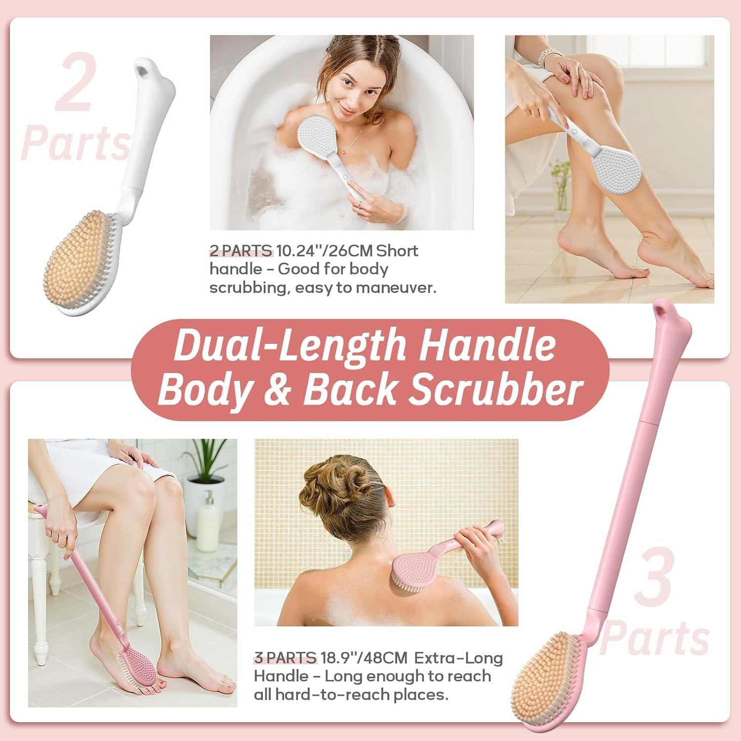 GEENOA Back Scrubber for Shower, 19&rsquo;&rsquo; Detachable Long Handle Shower Body Scrubber for Wet or Dry Brush, Adjustable 2-In-1 Back & Body Brush with Soft and Dense Bristles for Deep Cleaning(White) image number 5