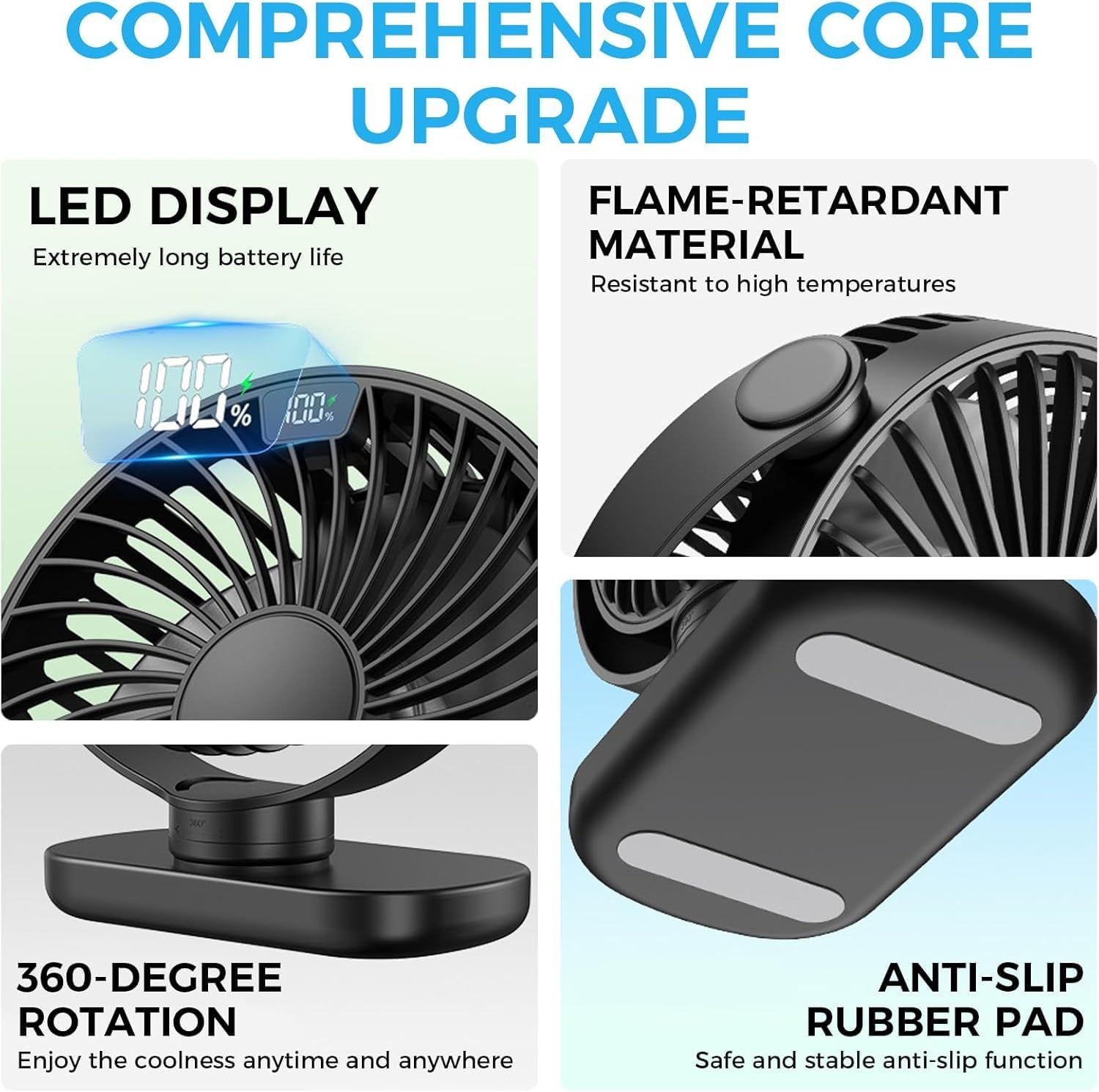 【Up to 18H】Rechargeable Desk Fan with LED Display &ndash; Portable 5000Mah USB Quiet Table Fan, 4-Speed 720&deg; Adjustable Cooling Fan for Home, Office, Bedroom, Travel, Outdoor image number 6