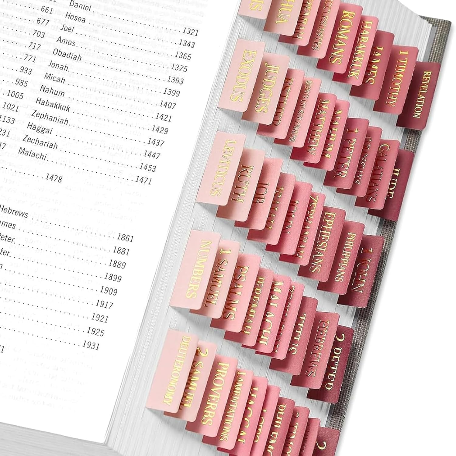 Bible Tabs, Pink Ombre with Gold Lettering, Self-Adhesive Book Dividers for Bible Navigation image number 1