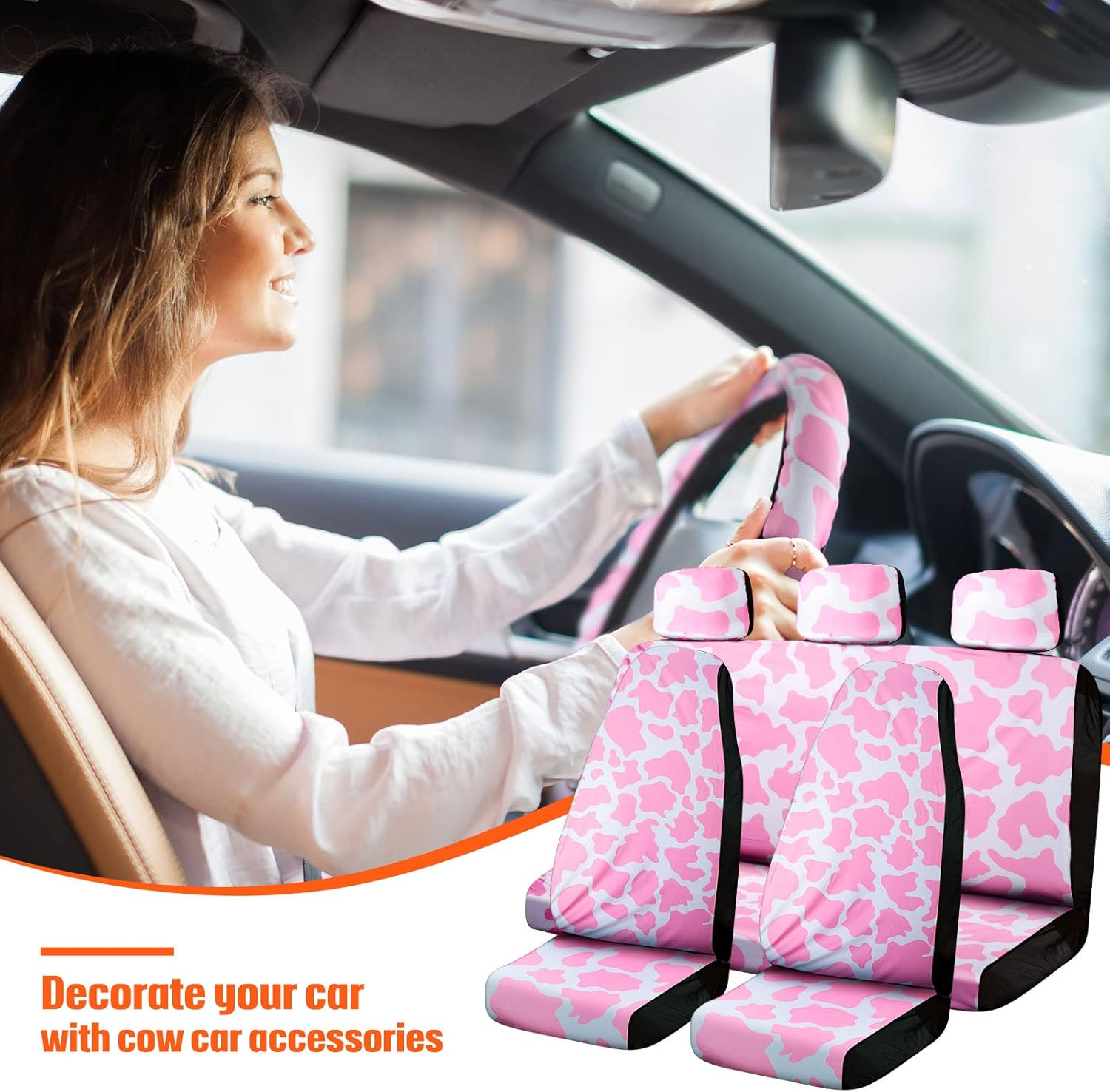 Frienda 26 Pcs Pink Cow Print Car Accessories - Cow Pattern Seat Covers Full Set, Cute Steering Wheel Cover, Floor Mats, Center Console Pad, Cup Holders, Seat Belt Pads for Women Car Interior Decor image number 4