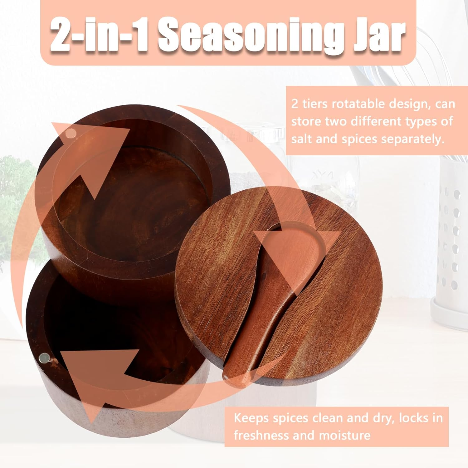 PHWRECZ 2 Layers Acacia Wood Salt and Pepper Bowl Salt and Pepper Storage Box Salt Container Salt Keeper with Built in Spoon and Magnetic Swivel Lid Dustproof Salt Holder for Kitchen Serving (Wood A) image number 5