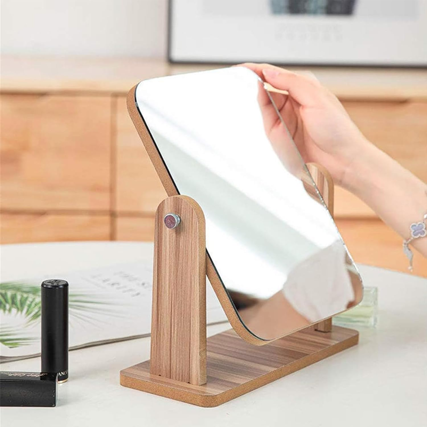 Tavvke Cosmetic Mirror with Wooden Stand, 360&deg; Rotating Single-Sided Desk Mirror, Portable Removable Tabletop Vanity Glass for Makeup, Shaving, Office, Bathroom, and Bedroom (Large) image number 5