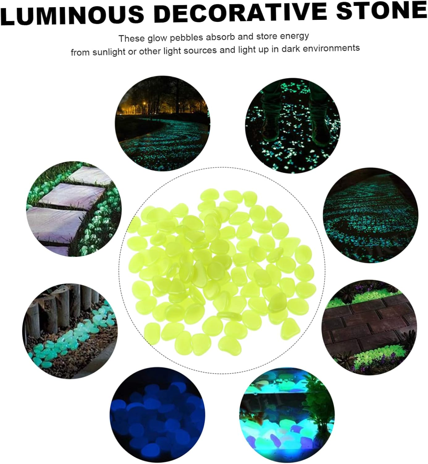 Yardwe 100Pcs Garden Pebbles Glow for Fish Tank Decor Pathway Decoration and Outdoor Landscaping Vibrant Mixed Colors for Aquarium and Garden Use image number 2