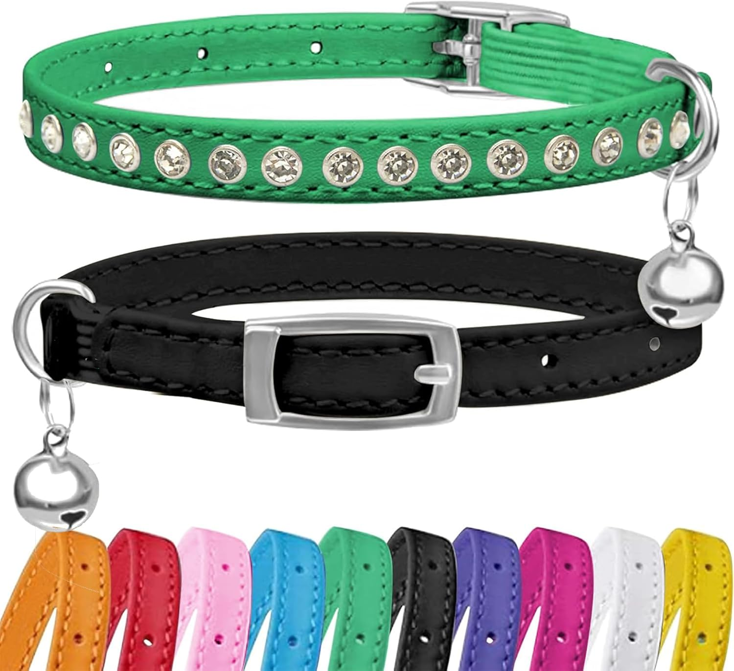 2 Pack Cat Collars with Bells, Rhinestones Leather Cat Collar with Elastic Strap, Kitten Collar, Adjustable Diamond Cat Collar for Girl Boy, 7.5" - 11.5", Black and Green