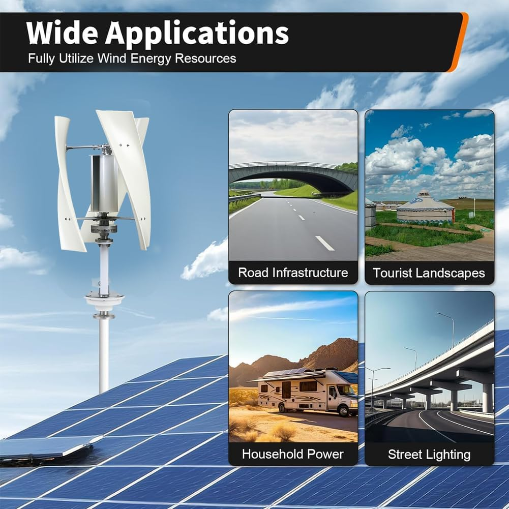 24V,12000W No Noise Vertical Magnetic Wind Generator,12V 24V 48V 220V 3 Blades Vertical Axis Wind Turbine for Outdoor Garden,With Charge Controller (White) image number 3