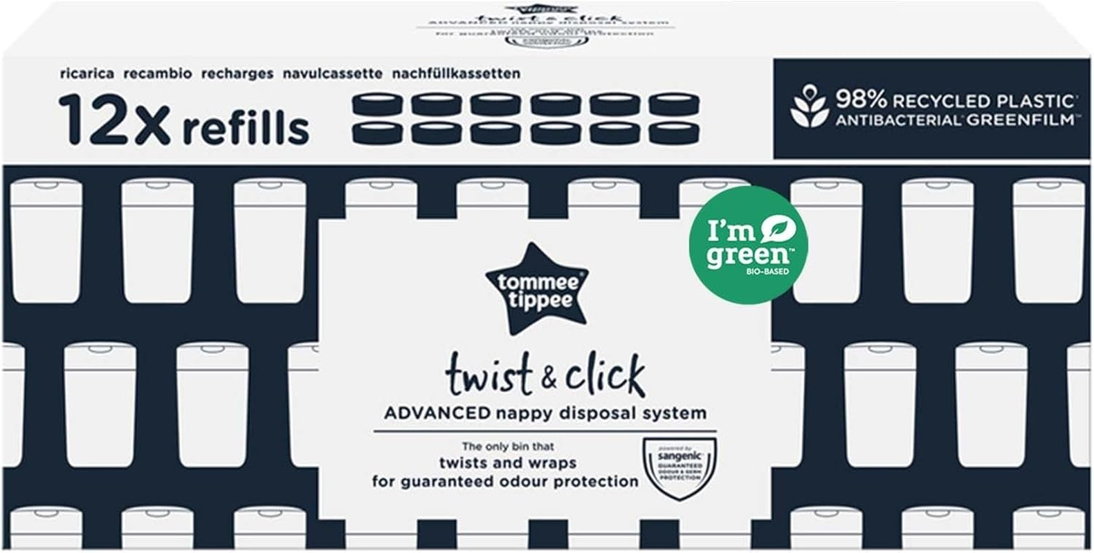 Tommee Tippee Twist and Click Advanced Nappy Disposal Sangenic Tec Refills, Pack of 12 image number 6