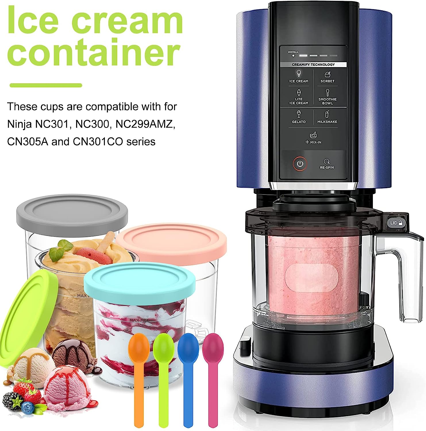4 Pack Ice Cream Tubs for Ninja Creami 16Oz Stackable Pint Ice Cream Containers with Lid and Scoops Compatible with NC301/NC300/NC299AMZ/CN301CO Series Ice Cream Maker Container (Style 1) image number 5