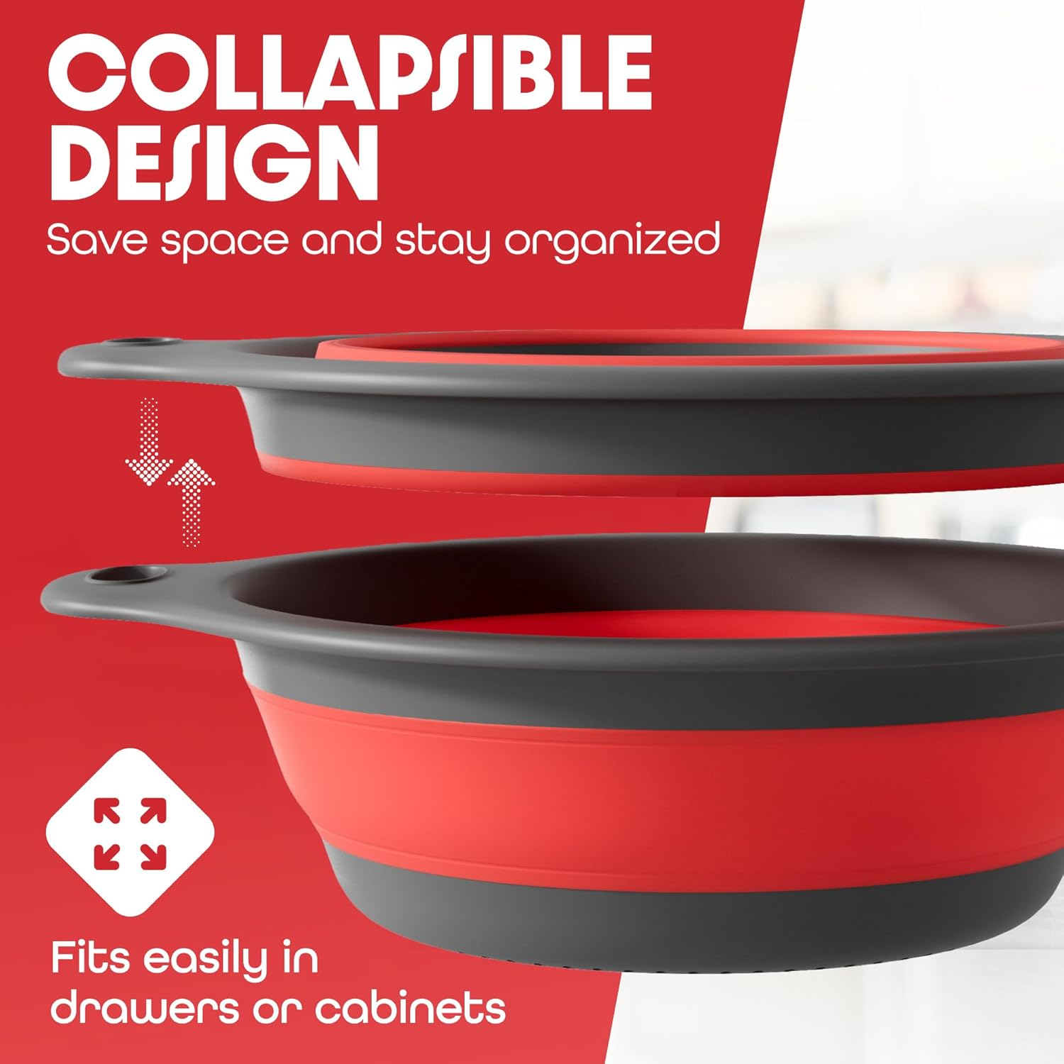 Collapsible Colander Food Strainer with Over-Sink Self Draining Base for Pasta Fruits and Vegetables, round Foldable Draining Basket Grey/Red image number 6