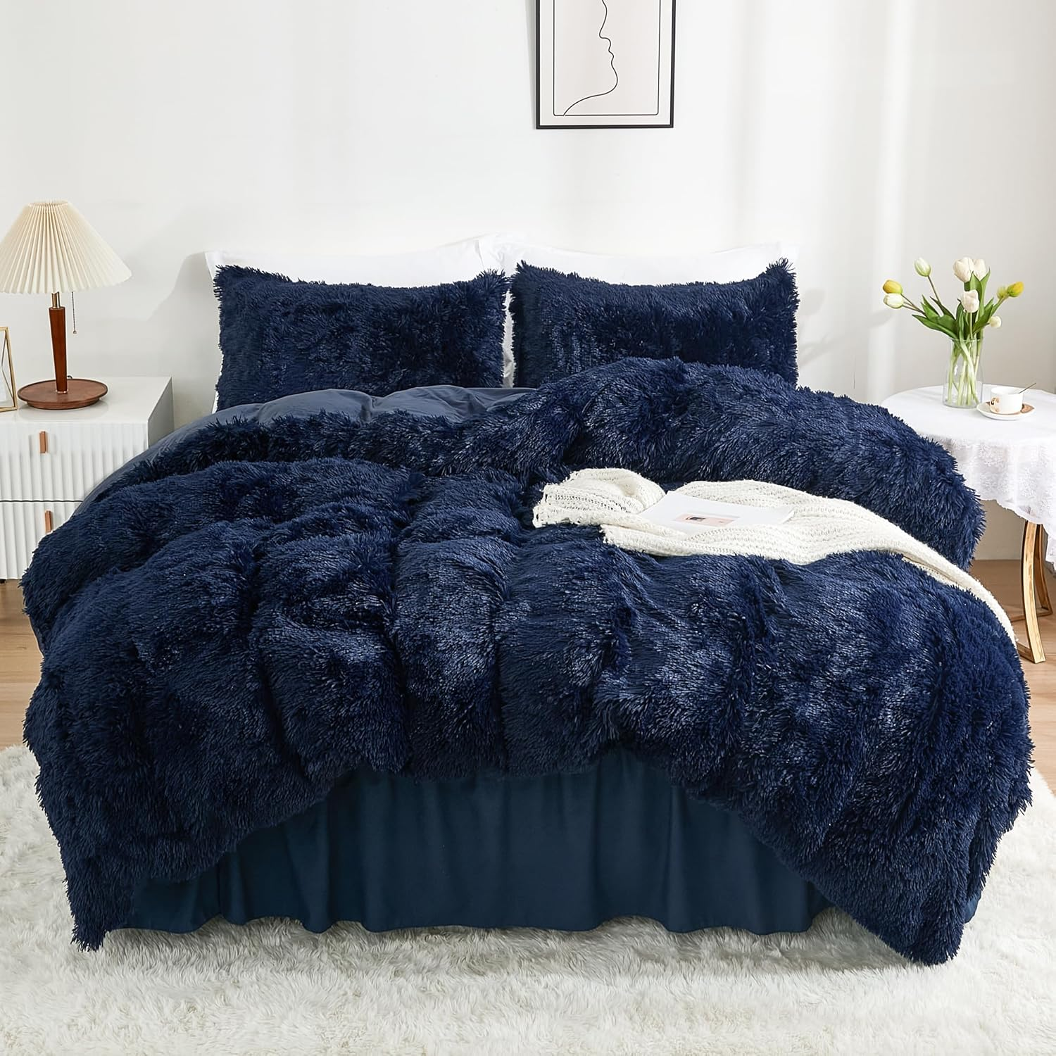 Annadaif Plush Shaggy Duvet Cover, Tie Dye Gray White Fluffy Comforter Cover Set Queen Size, Fuzzy Faux Fur Bedding Set with Zipper Closure, Luxury Ultra Soft 3 Pieces (1 Duvet Cover, 2 Pillowcases)