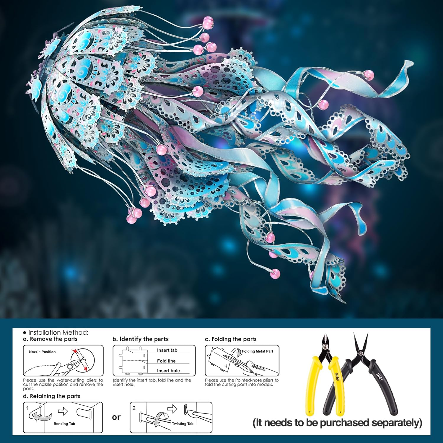 Piececool 3D Puzzles for Adults, Jellyfish Night Light with USB Plug, Ocean Animals 3D Metal Model Building Kits, DIY Assembling Arts and Crafts, Blue image number 5