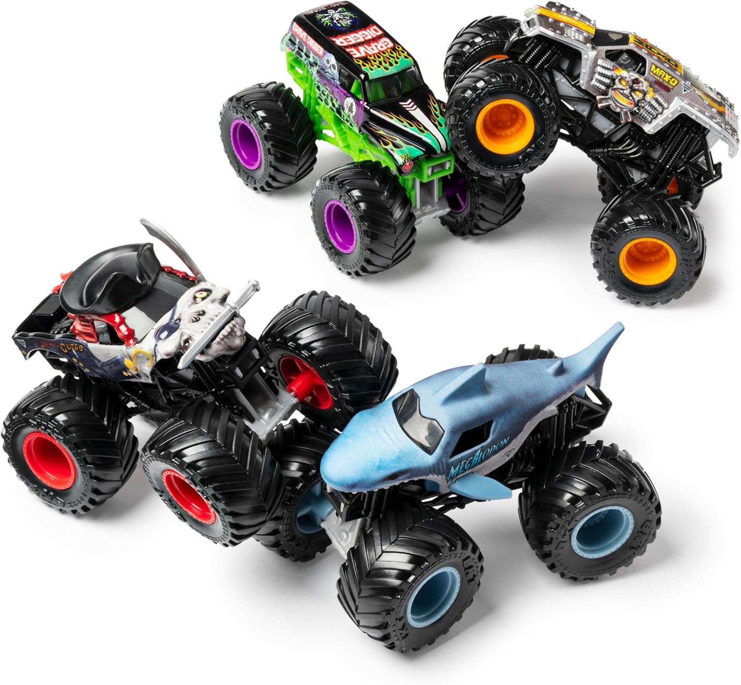 Monster Jam, 4 Pack Land Vs. Sea 1:64 Scale Die-Cast Toy Cars (Grave Digger, Max-D, Megalodon, Pirate'S Curse) image number 2
