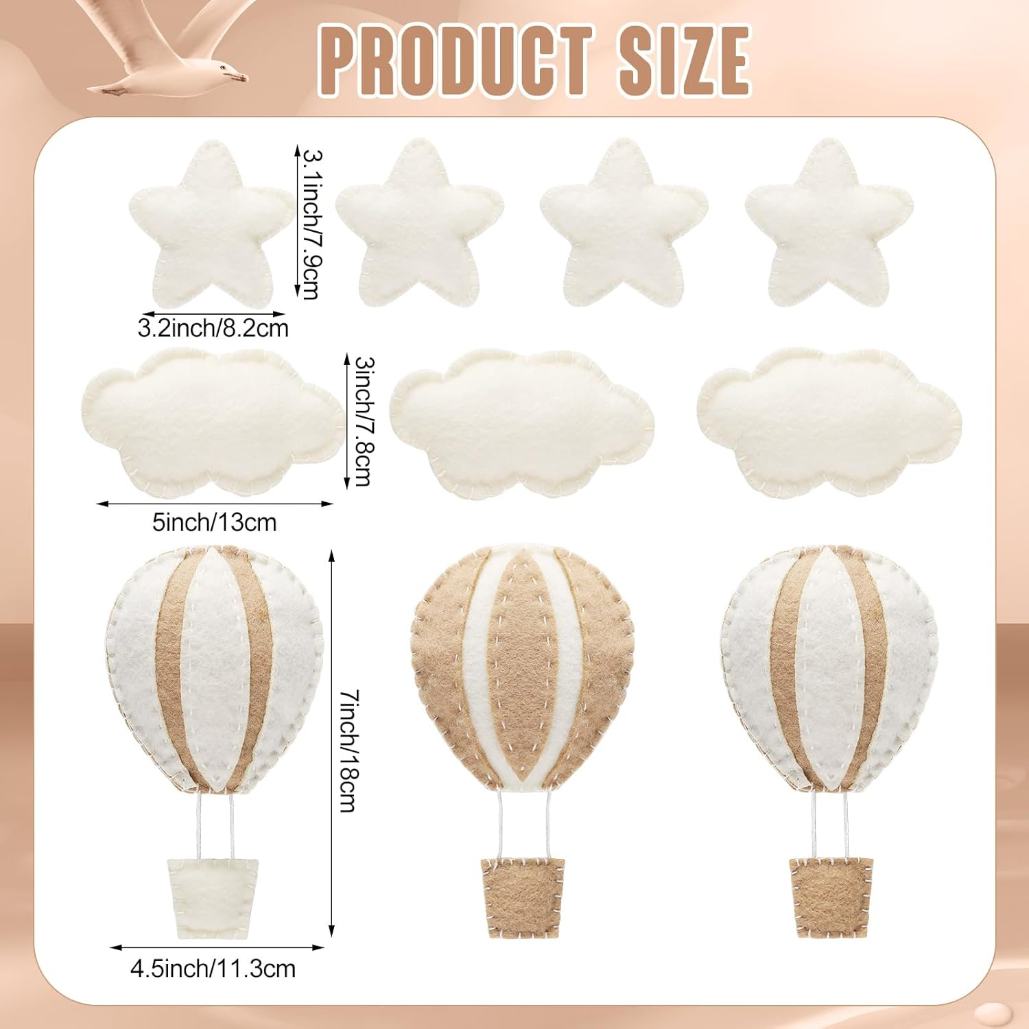 Poen 10 Pcs Star Hot Air Balloon and Cloud Nursery Wall Decor for Bedroom - Mini Felt Clouds Stars Western Decor for Kids Baby Room (Khaki) - Khaki image number 2