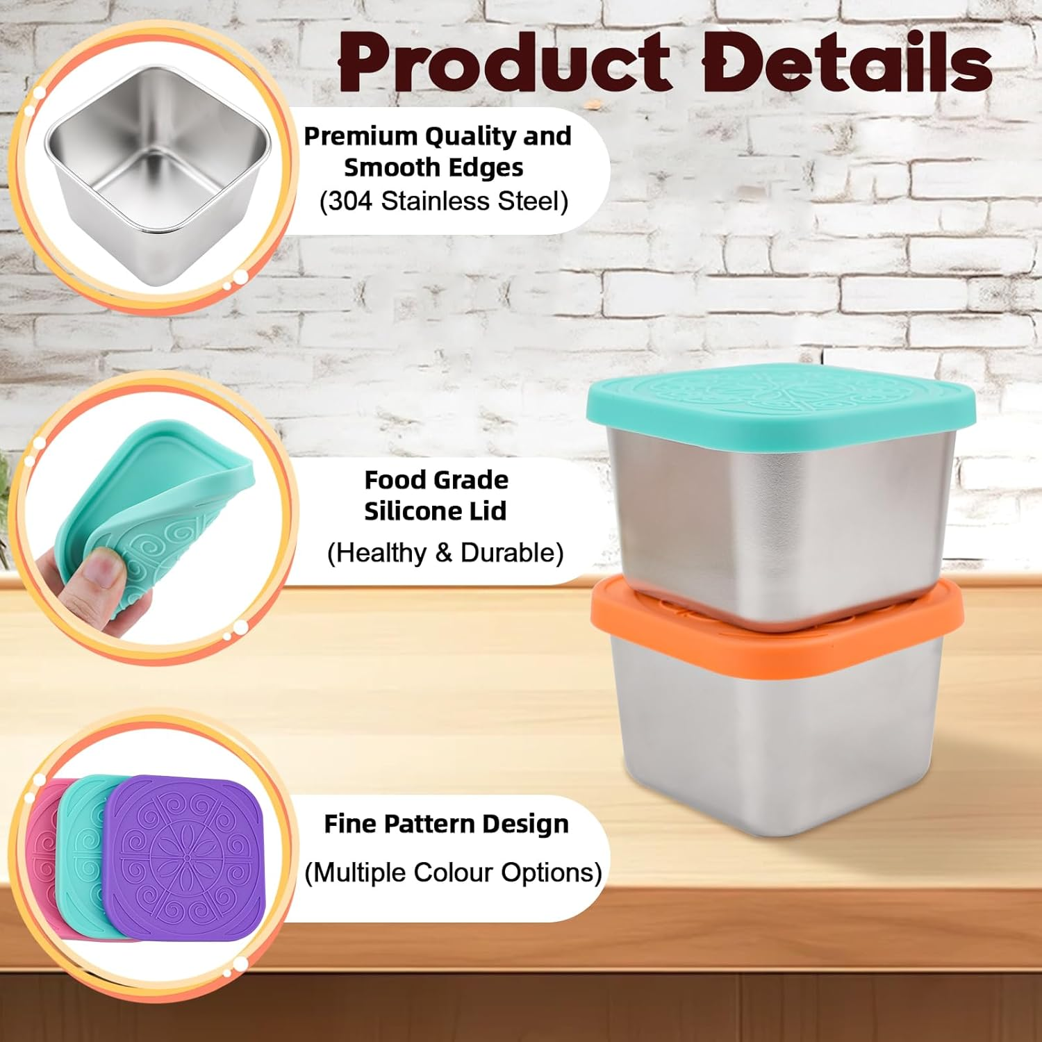 Pack of 6 Stainless Steel Small Food Containers, 180 Ml Stackable Snack Pots with Leak-Proof Silicone Lid, Reusable Food Storage Containers, Snack Boxes for Snack, Salad, Dressing image number 1