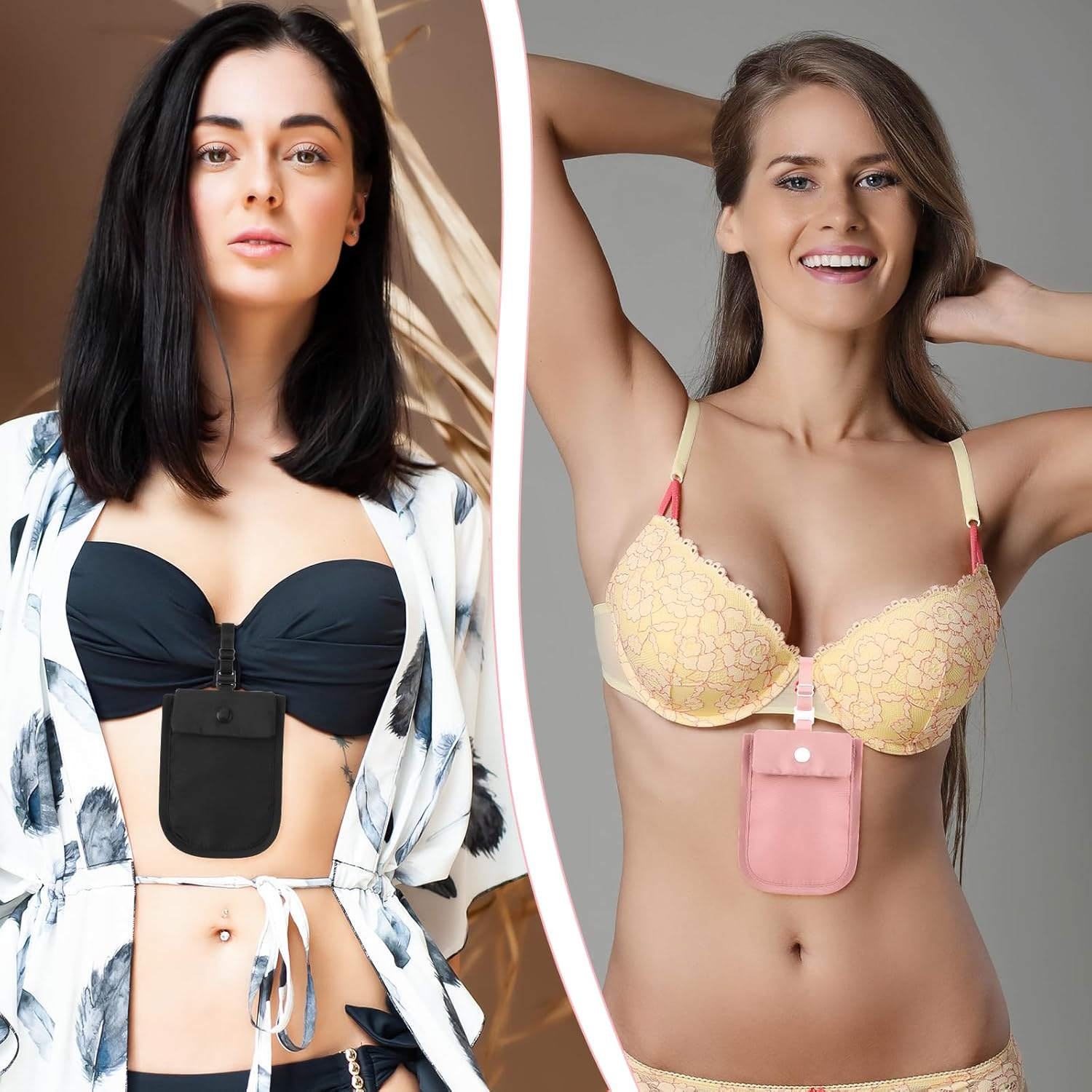 Ahqizfx 2 Pcs Travel Bra Wallet for Women, Hidden Undercover Travel Bra Wallet, Washable Bra Wallet, Secret Stash Pocket for Credit Cards, Money, Valuables with Adjustable Elastic Strap (Pink, Black), image number 1