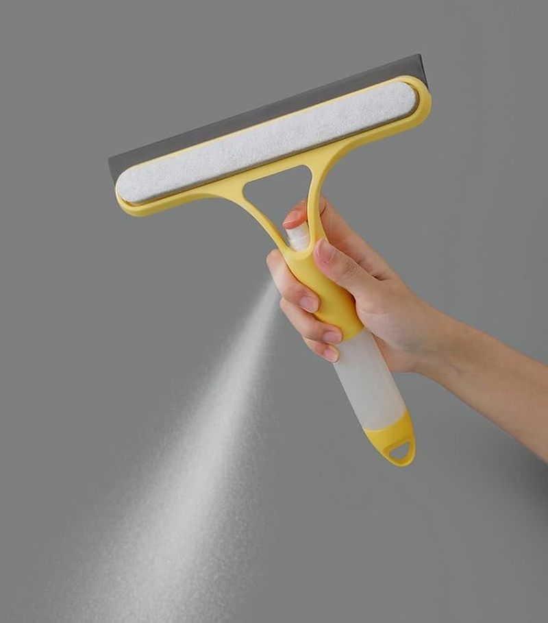 3-In-1 Window Glass Squeegee Cleaning Scraper, with Brush and Built-In Spray Bottle, Universal Household Glass, Floor, Car Screen, Bathroom Mirror Cleaning Kit Tool (Yellow) - White image number 3