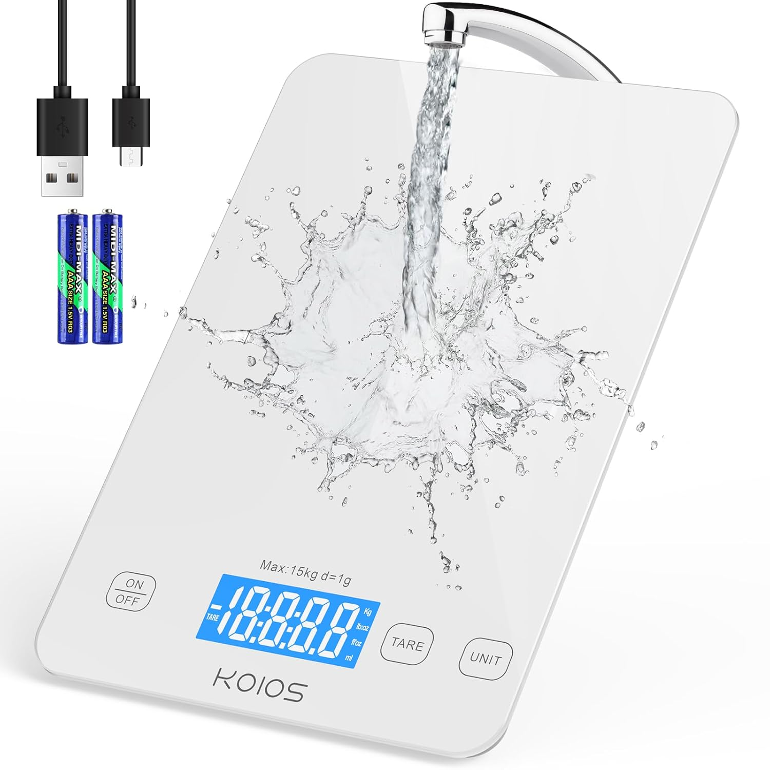 KOIOS Kitchen Scale, 33Lb/15Kg Digital Food Scales Weight in Grams and Ounces for Cooking Baking, 1G/0.1Oz Precise Graduation, Batteries and Type-C Charging, Tare Function, LCD Display, White