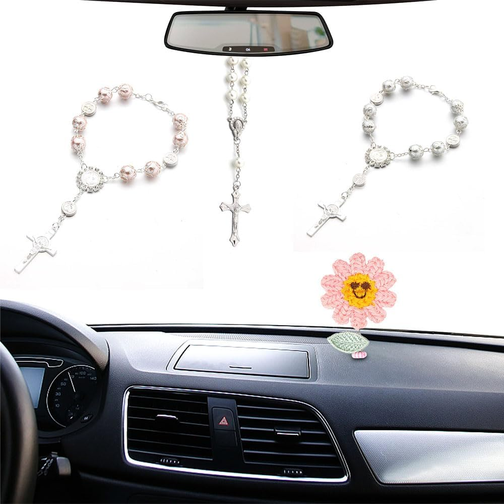 2-Piece Car Rosary & Cross Pendant Car Accessories, Rearview Mirror Hanging Ornament (White) - Blue image number 4