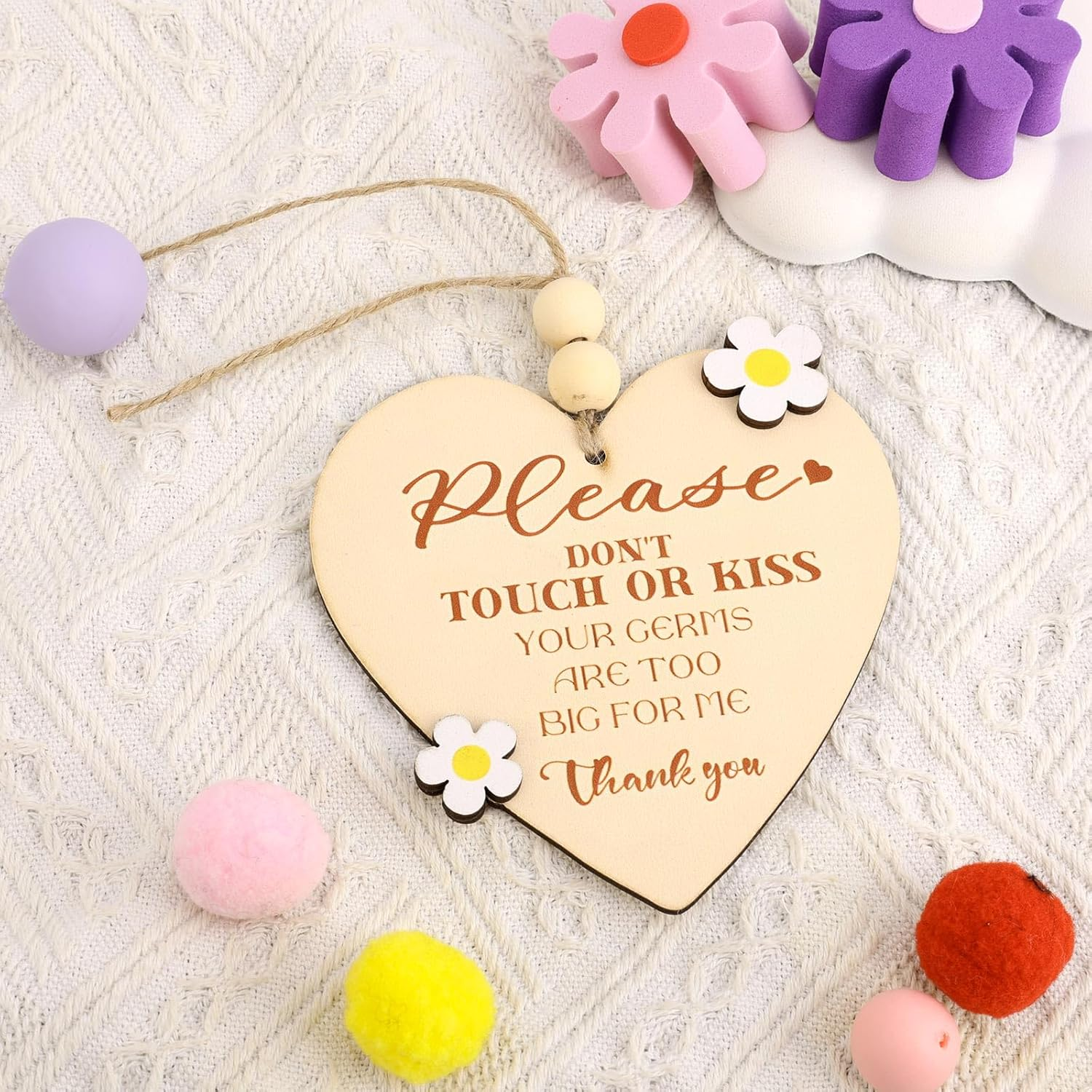 Please Do Not Touch or Kiss Baby Sign, Wooden No Touching Baby Signage for Newborns Car Seat & Stroller Tag Ideal for Baby Shower(Heart) image number 6