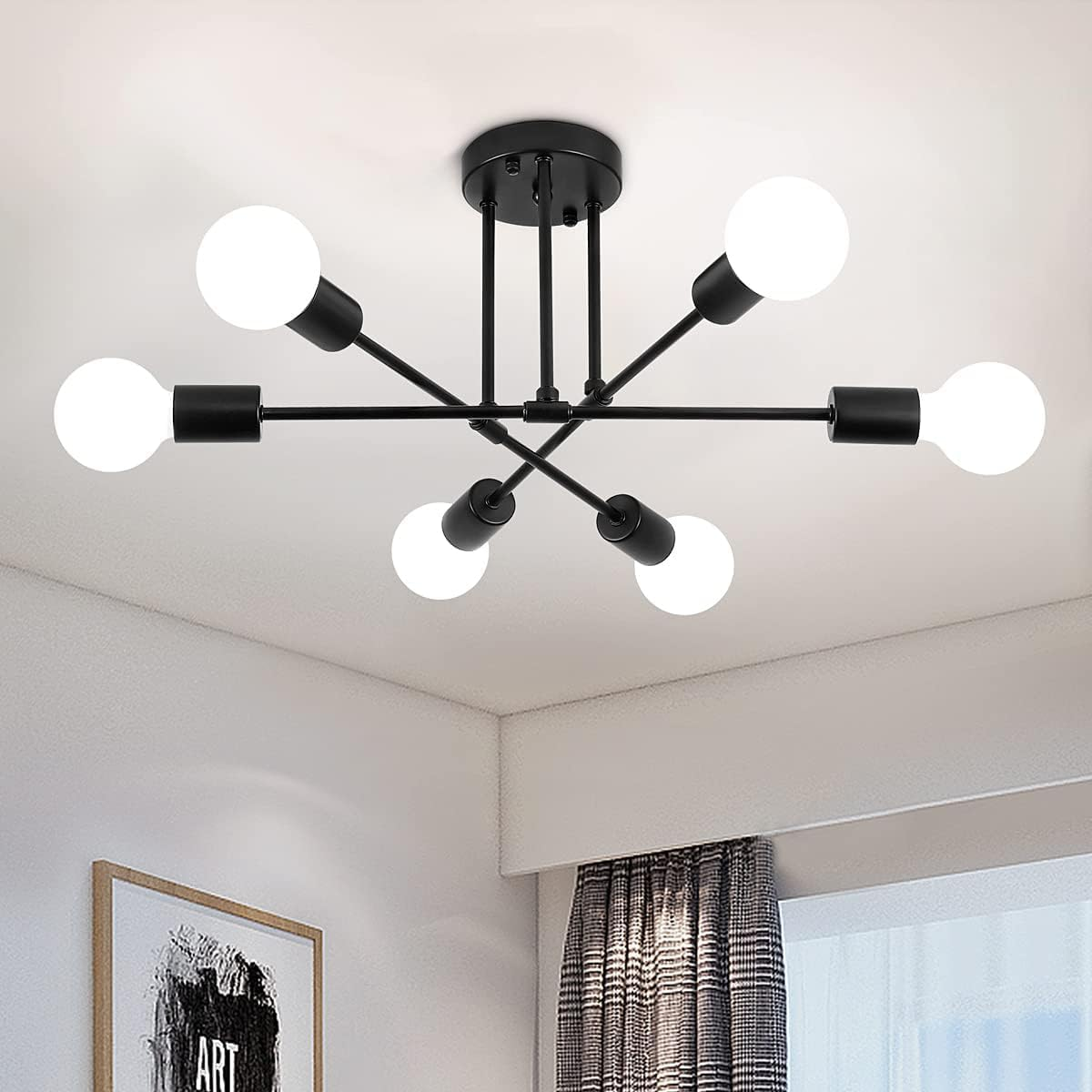 KEPHTH Modern Sputnik Chandelier Ceiling Light Fixture with 6 Lights Black Mid Century Semi Flush Mount Ceiling Lights for Bedroom, Dining Room, Living Room, Kitchen, E27 Base, Bulbs Not Included image number 3