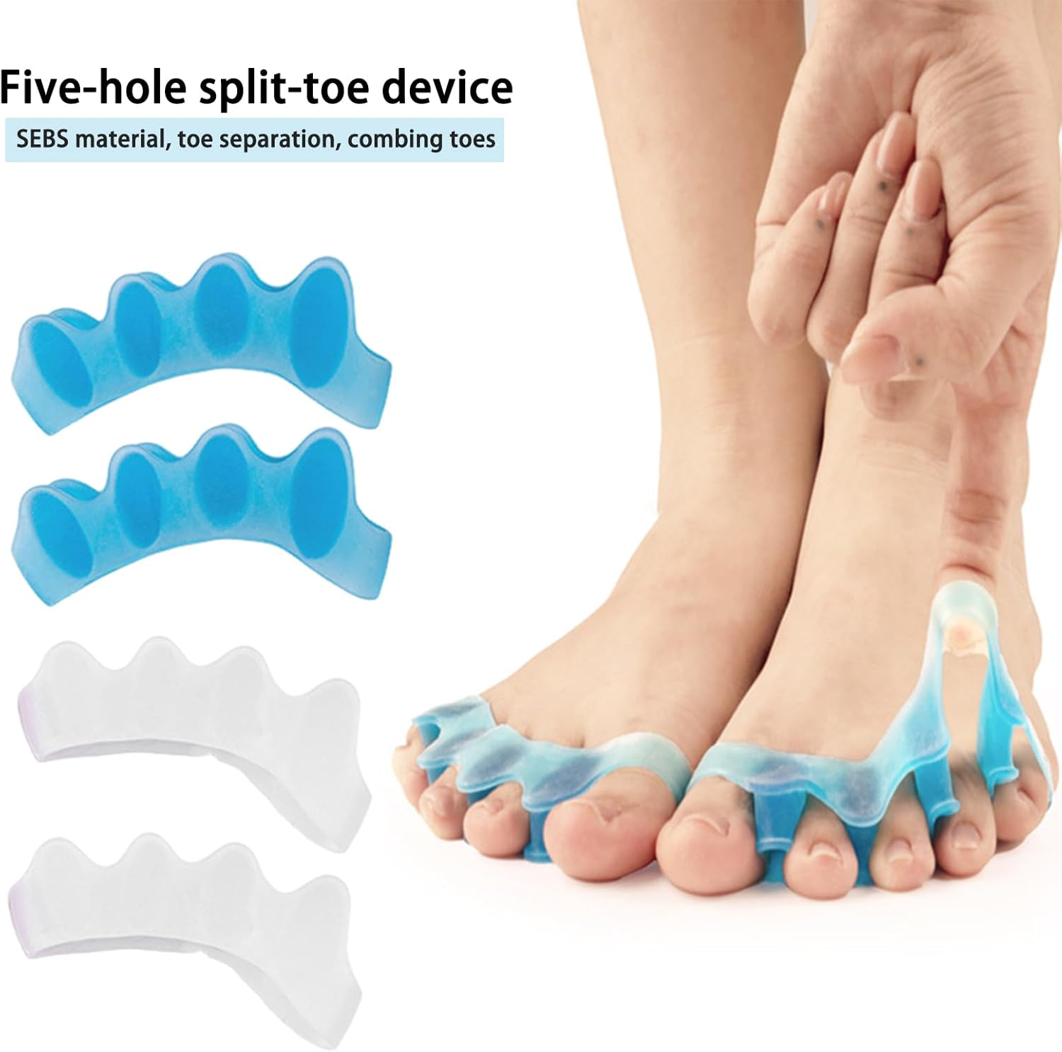 4 Pairs Soft Gel Toe Spacers for Bunion Correction Toe Separators Therapeutic Relief for Plantar Fasciitis Hammer Toes Claw Toes Foot Pain for Women Men Blue White