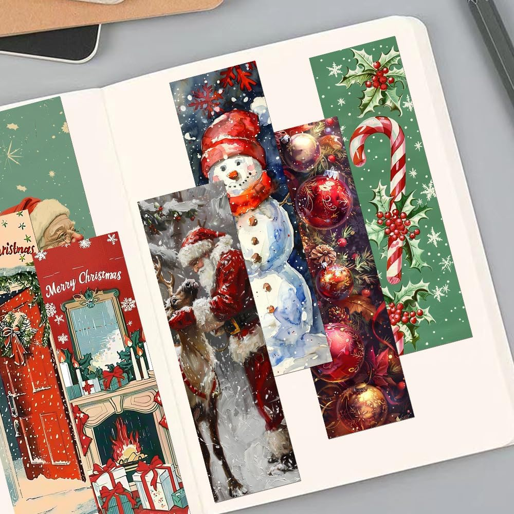 30 Pcs Christmas Bookmarks,Vintage Xmas Theme Paper Book Markers Xmas Page Clips,Creative Xmas Reading Paper Cards for Bedtime Stories Christmas Vacation Reading Family Book Study Breaks image number 5