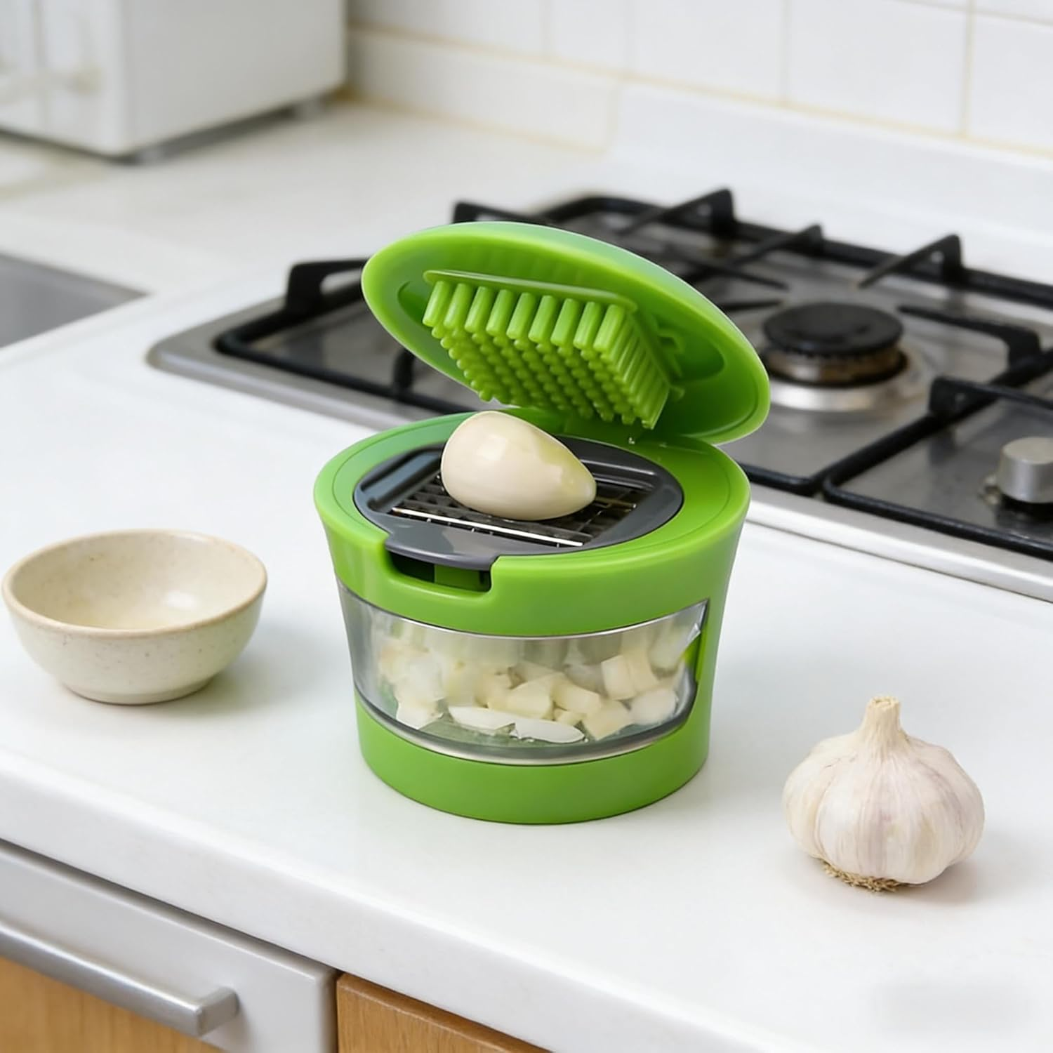 WEZCHUGHAOL Garlic Chopper - 3-In-1 Mini Garlic Mincer Crusher with Twister Handle, Kitchen Gadget for Fast Dicing, Slicing and Grinding, Easy-Clean Design for Garlic, Onions image number 3