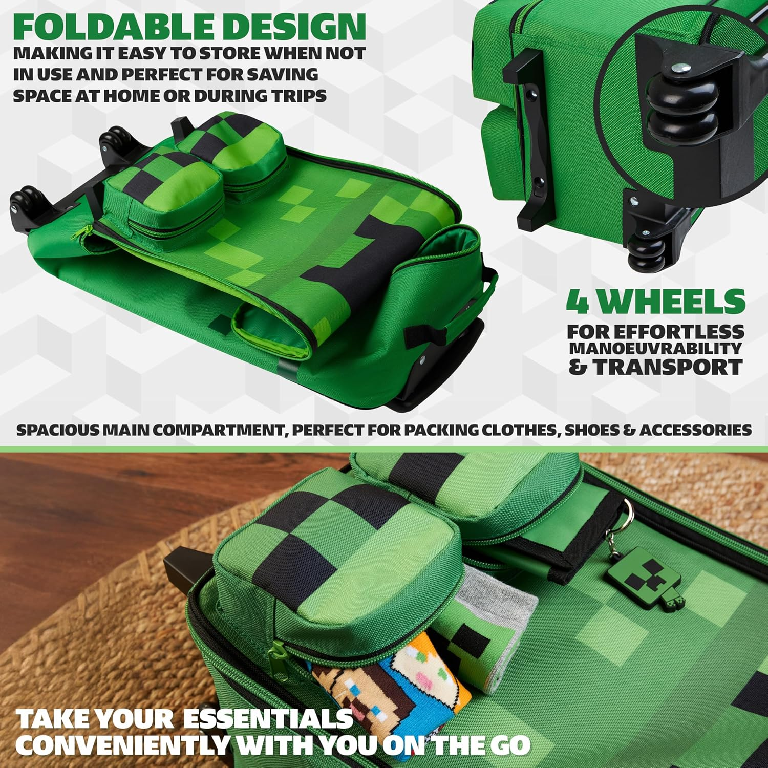 Minecraft Kids Foldable Trolley Bag, 25.2&rdquo; X 6.7&rdquo; X 9.8&rdquo;, 4 Wheels Kids Suitcase image number 4