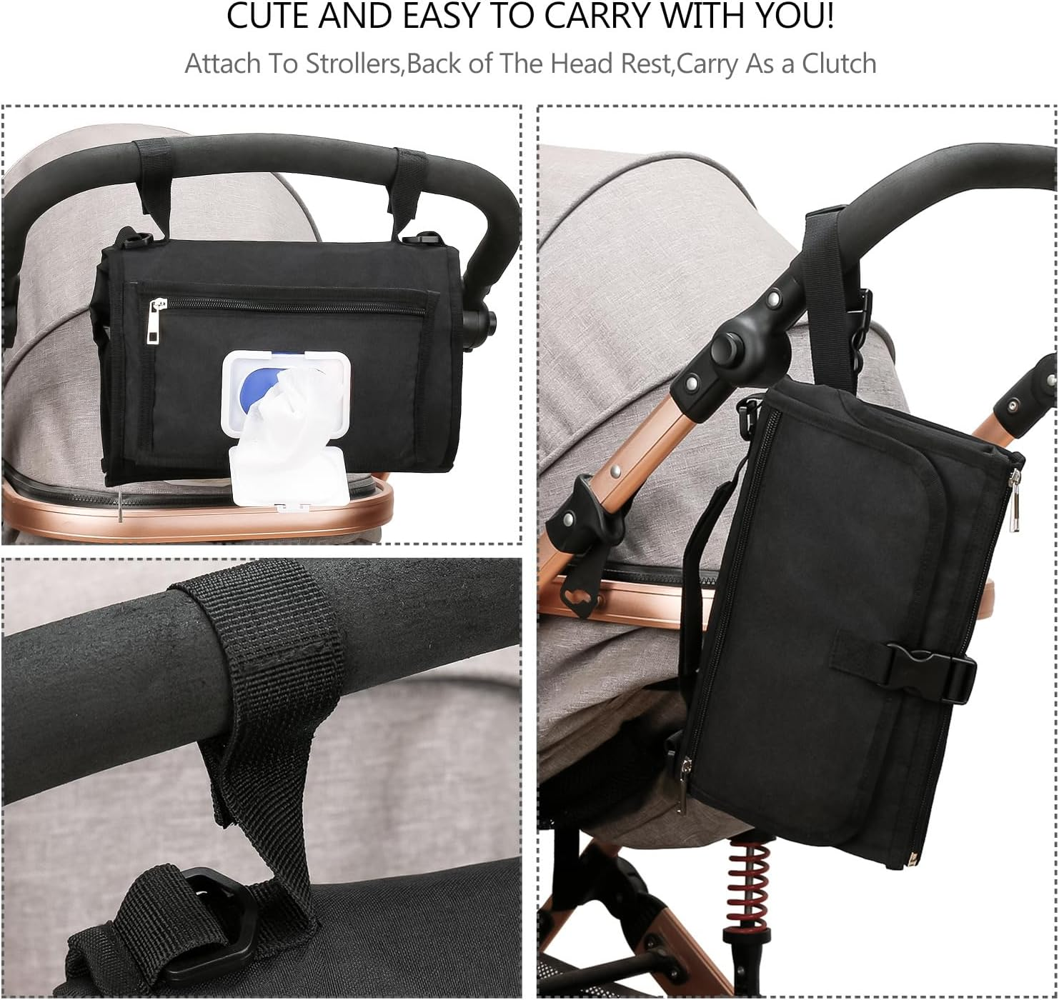 Bebamour Portable Nappy Changing Mats with Wipes Pocket Travel Baby Changing Pads with Head Cushion for Infants Waterproof Diaper Changing Pads Newborn Essentials, New Black