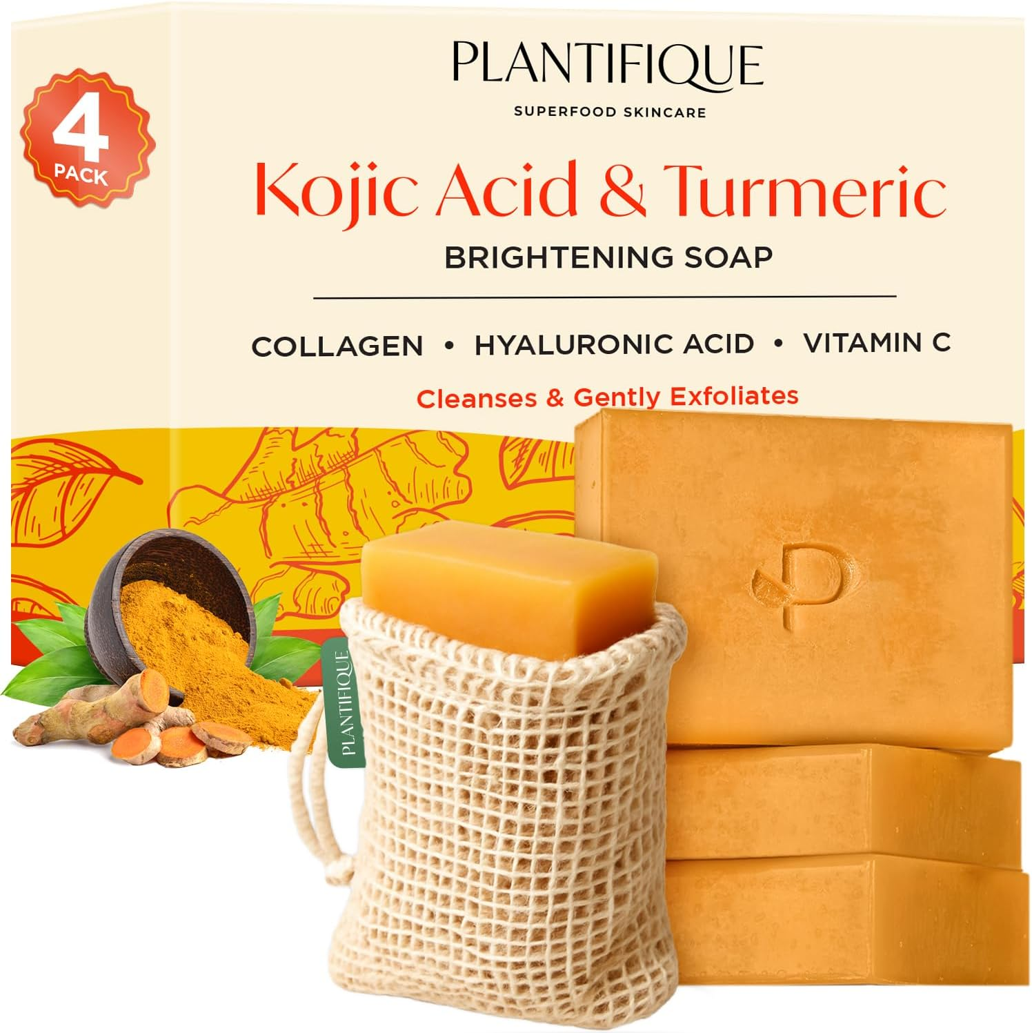 PLANTIFIQUE Kojic Acid Soap for Hyperpigmentation &ndash; Turmeric Soap Bars with Hyaluronic Acid, Collagen & Vitamin C for Dark Spots &ndash; Face & Body Wash for Women & Men, Vegan Skincare, 320G/11.28 Oz