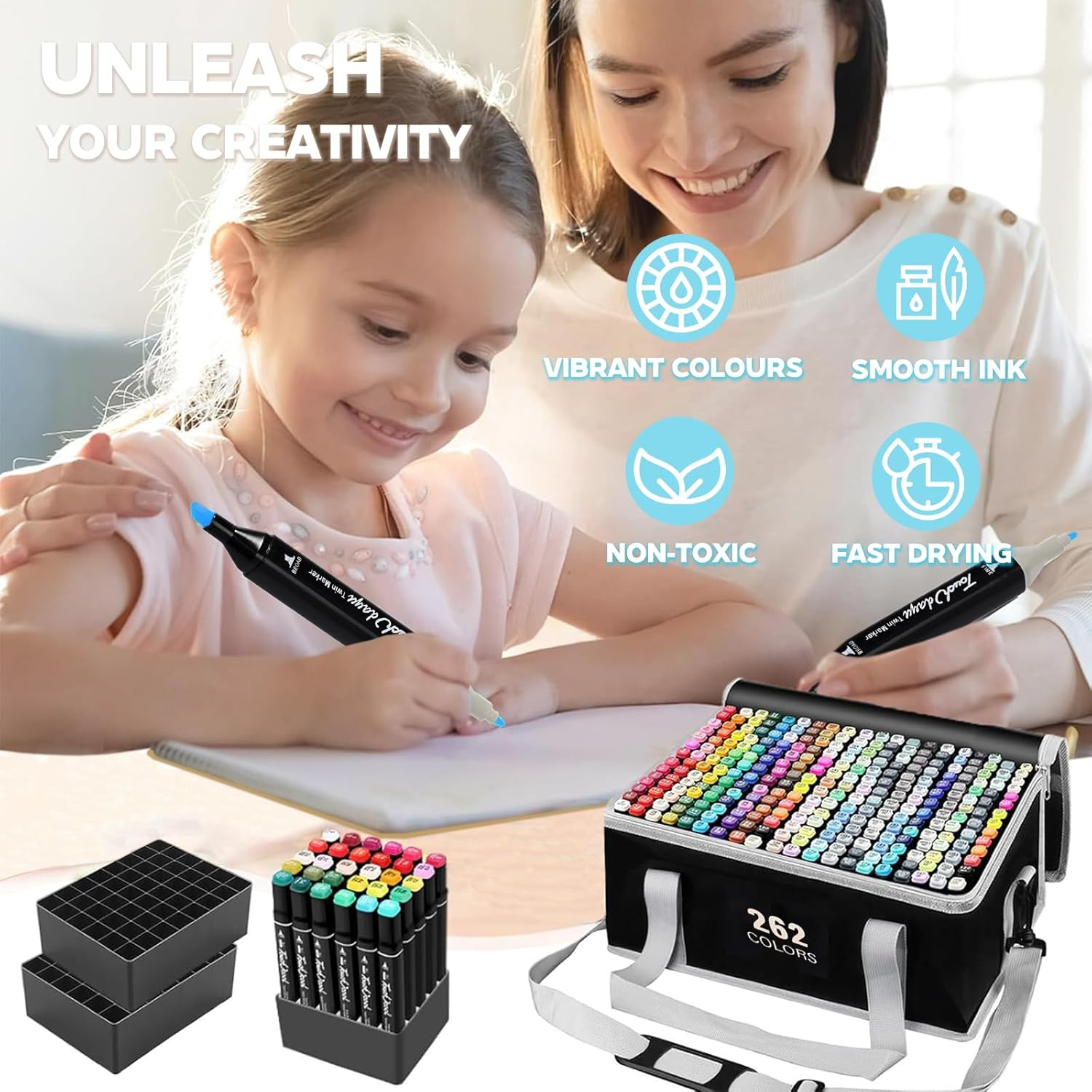 262 Colours Dual Tips Alcohol Markers Brush Markers Set - Painting Art Markers with Fine & Chisel Tips Storage Bag & A4 Drawing Book for Drawing Pens for Kids Adults Artist Calligraphy Sketching image number 6