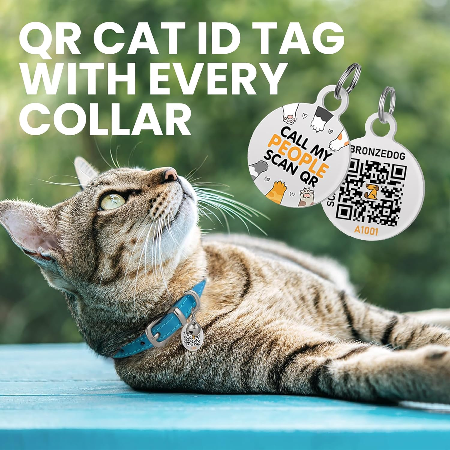BRONZEDOG Leather Cat Collar with Removable Bells Non Breakaway Kitten QR Tag for Girl Boy (7" - 9" for Cats, Blue & Silver) image number 3