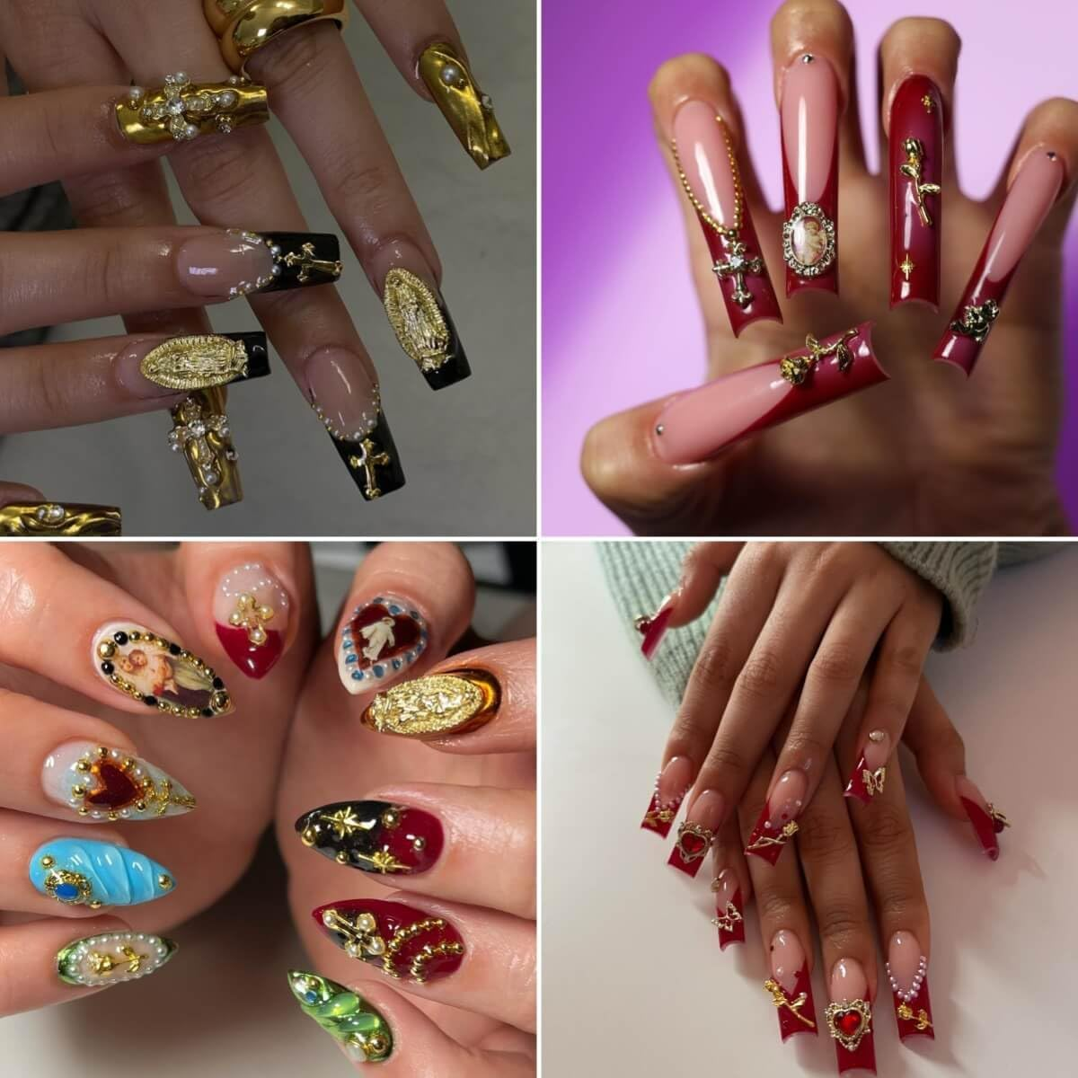 64Pcs Gold Nail Charms Set with Gold Cross, Hearts, Rose, and Virgin Mary - Y2K 3D Chrome Nail Decorations image number 3