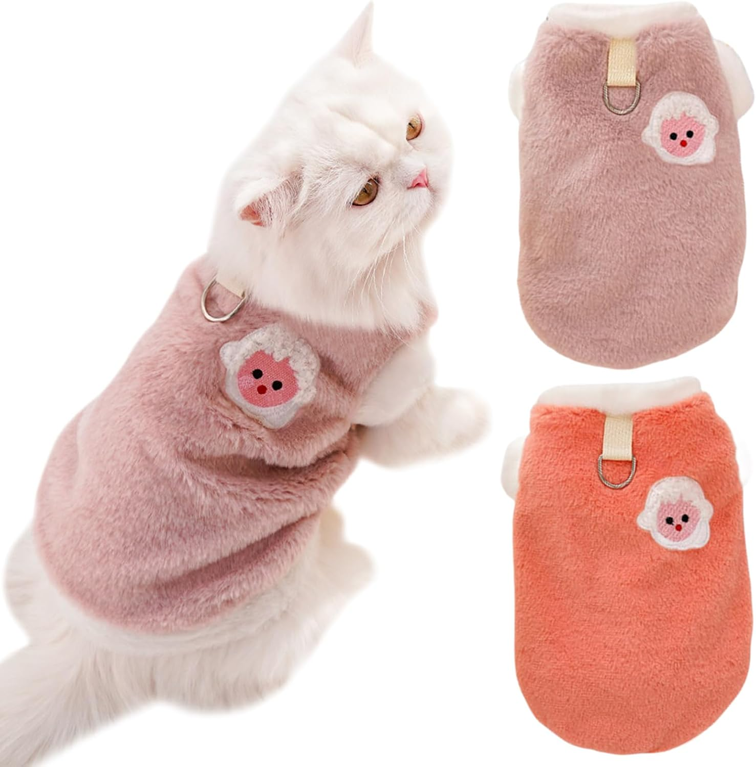 Yaopelkyy2Pcs Cat Winter Clothes with Leash D-Ring Small Medium Dog Fleece Outfit Animal Print Pet Pullover Apparel (Orange-Pink, M) image number 2