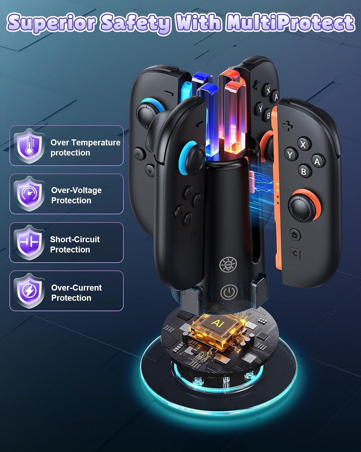 [Switch 2/1 Both] Controller Charger Dock Station, 8 in 1 Dual-Direction Magnetic Vertical Charging Stand for Joycon 2 Witch Transparent Acrylic Display Base & LED Indicators for Nintendo Switch 2/1 image number 3