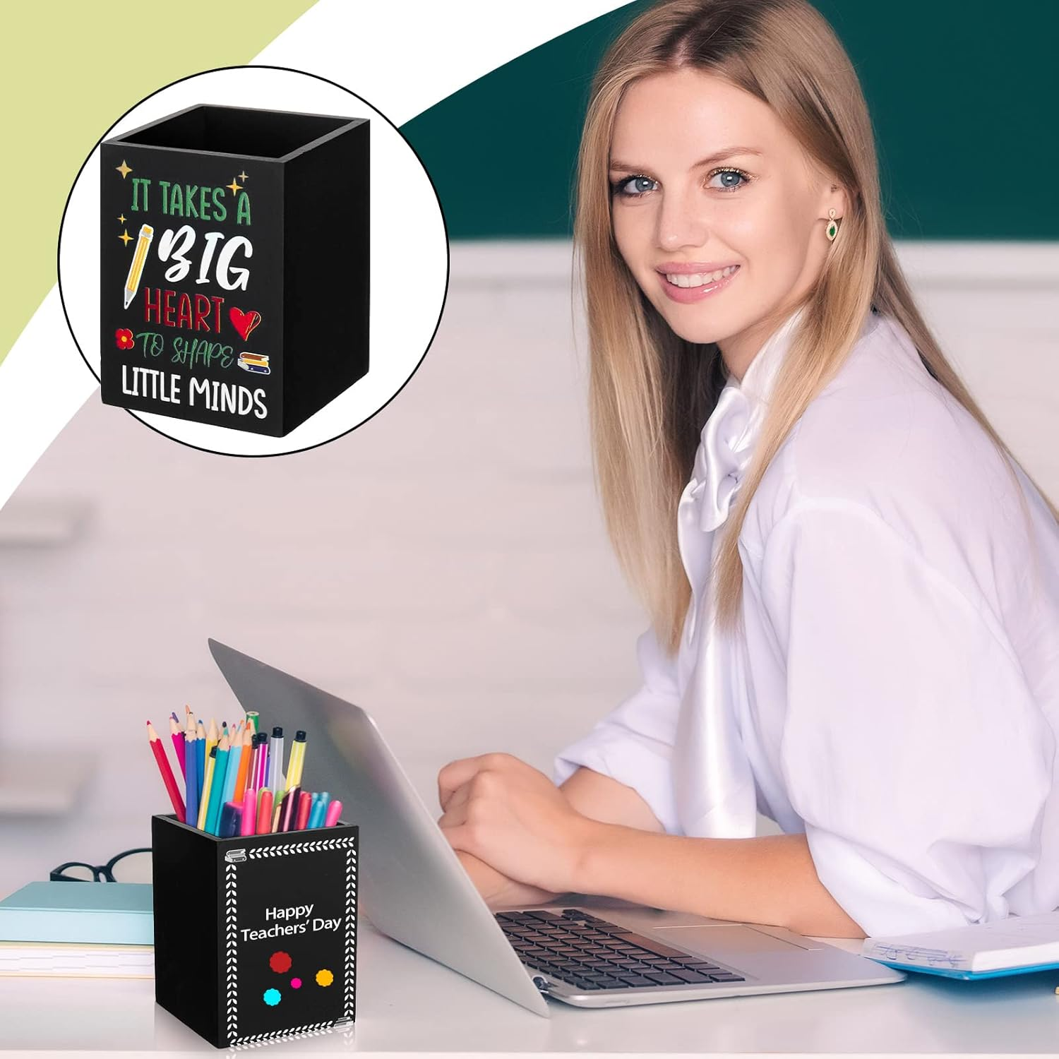 Teling 2 Pcs Teacher Appreciation Gift Teacher Pencil Holder for Desk Wooden Desktop Organizer Cup Storage Case for Back to School Supplies Party Favor Office Home Study Room Accessories(Stylish)