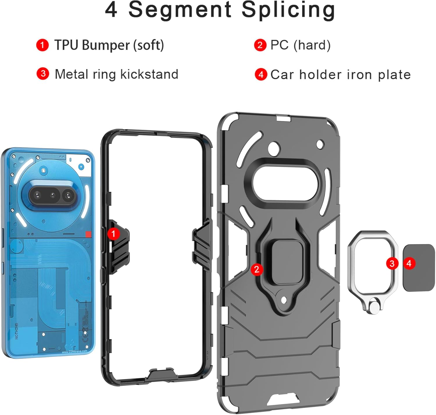 ESTH Compatible with Nothing Phone (3A) Case with 2 Pieces Protective Film [Durable] Ring Stand Case [For Mobile Phone Holder Car Magnet] Military Shockproof Mobile Phone Case, Black