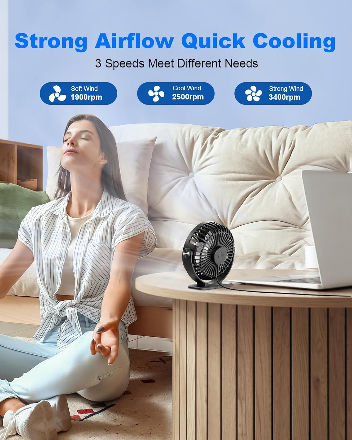 Tripole Desk Fan USB Powered Portable Mini Fans with 3 Speeds Quiet Plug in Small Fans 360&deg;Rotation Head for Desktop Office Home Travel No Battery (Black) - Pink image number 4