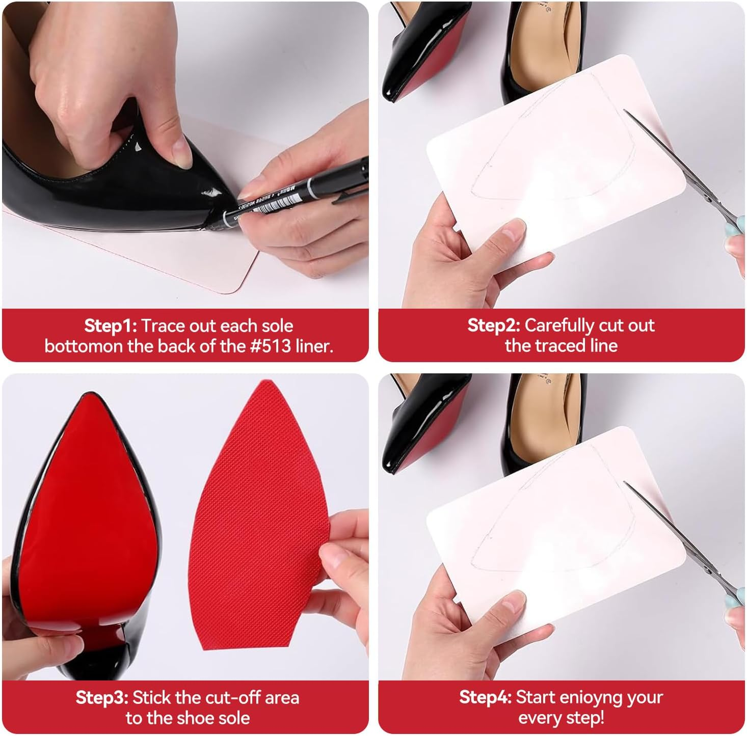 4 Pack Sole Protector Shoe Pad Red Non Slip Grips on Bottom of Shoes Cushion for High Heels Leather for Women image number 3
