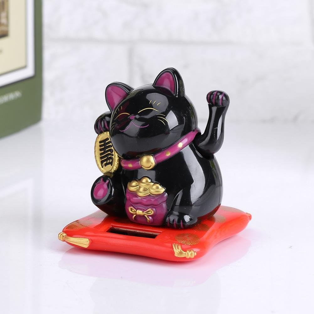 Lucky Cat, Solar Powered Cute Waving Cat, Maneki Neko Waving Arm for Fortune Money and Good Luck, Fengshui Lucky Cat Swinging Arm for Home Display/Car Decor(Black) image number 3