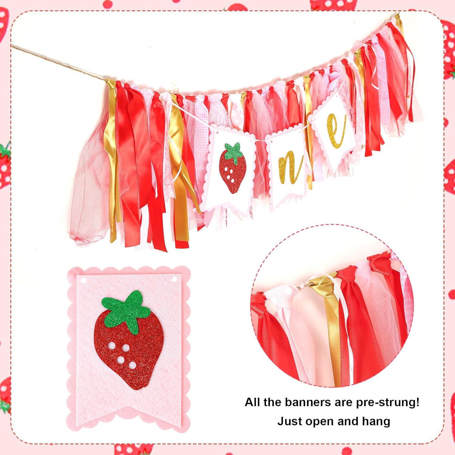 Strawberry One Birthday High Chair Banner, Cute Strawberry First Birthday Banner Sweet One High Chair Banner Strawberry First Birthday Decorations Photo Prop for Kids image number 4