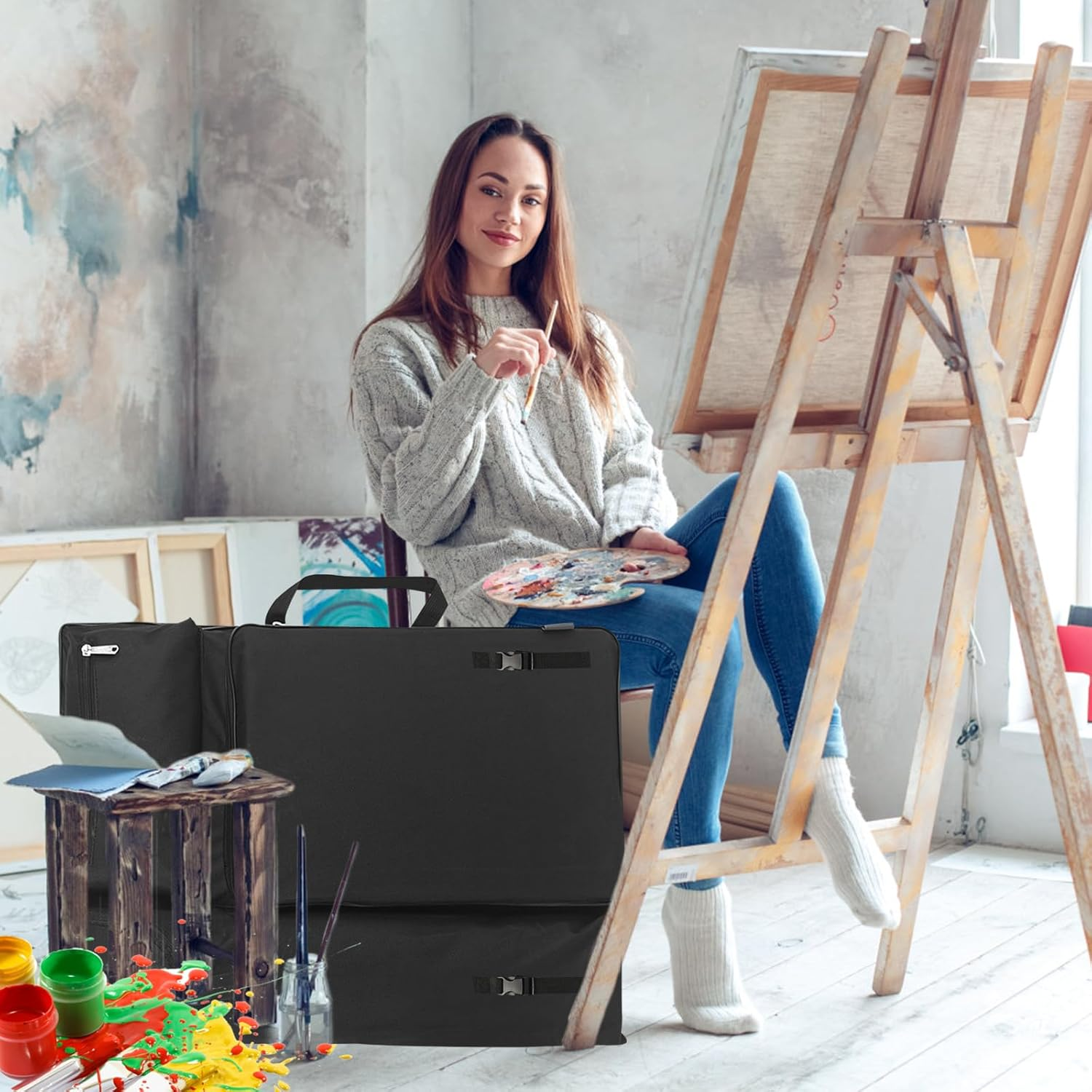 A3 Art Portfolio Case 20X26Inch 4K Waterproof Artist Carry Bag with Handle Painting Sketch Pad Storage Tote Bag Multifunction Art Handbag Backpack for Artwork Sktchbook Drawing Board Organizer - Black image number 4