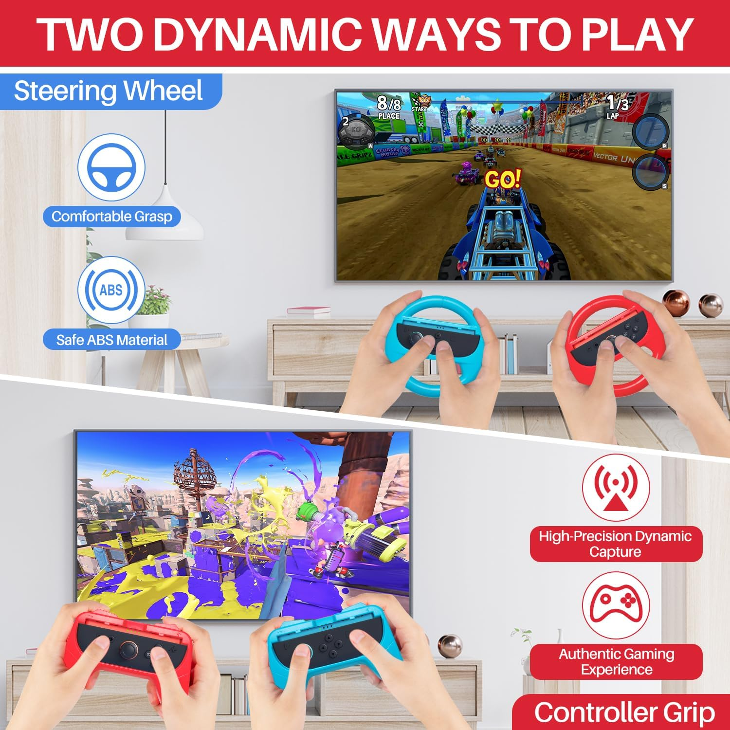 WOTOW Switch 2 Accessories Bundle Kit for Nintendo, Protective Carrying Case with Screen Protectors, Steering Wheels, Grips for Joy-Con2 and Console Protective Shells (Red + Blue) image number 5