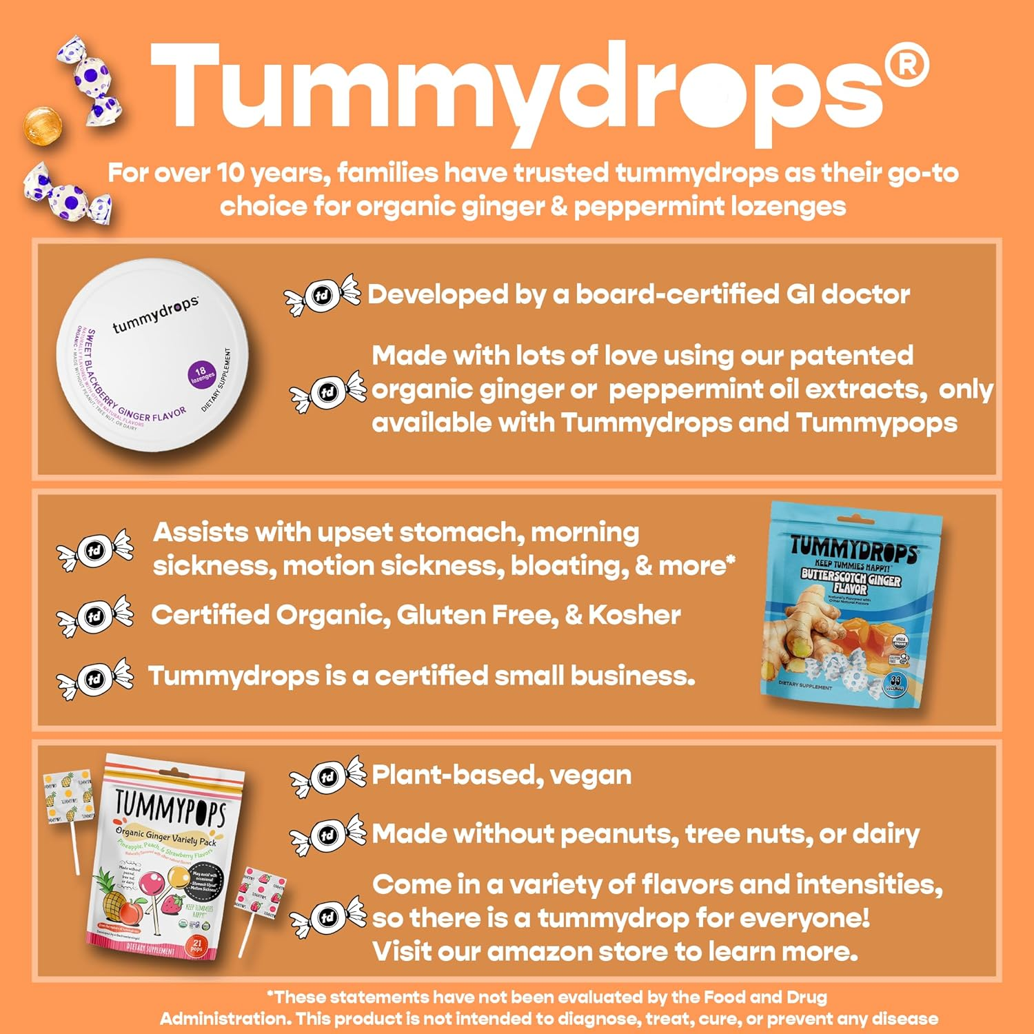 Natural Ginger Tummydrops (Resealable Bag of 33 Individually Wrapped Drops) Certified Oregon Tilth USDA Organic, Non-Gmo Project, GFCO Gluten-Free, and KOF-K Kosher image number 6